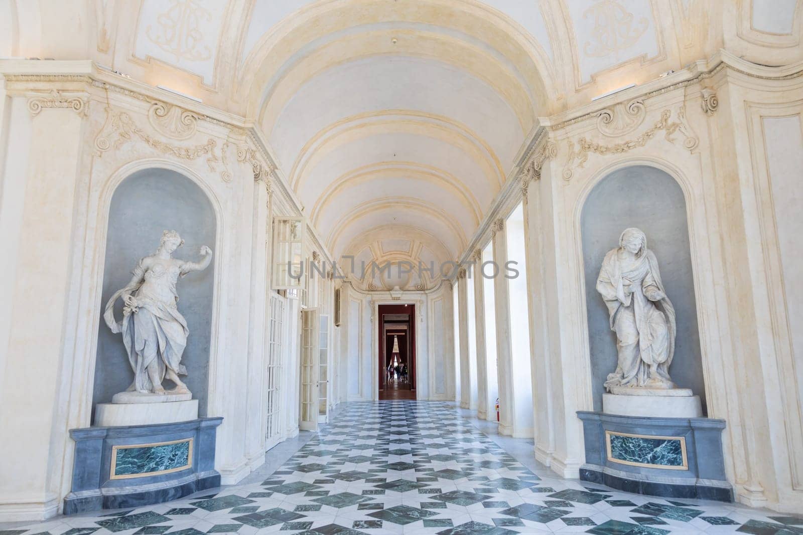 Venaria Reale, Italy - 16 July 2023: luxury gallery perspective, decorative marble, indoor, nobody, Royal Palace. Italy travel destination.