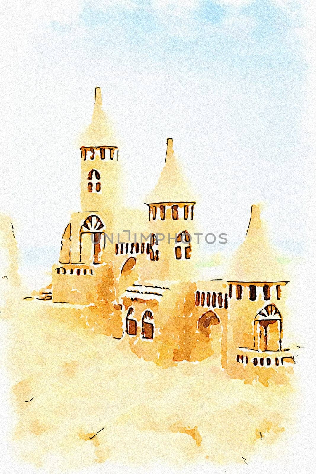 Creative illustration of sendcastles on a sunny beach with blue sky. Concept of leisure, holiday, vintage nostalgia memory