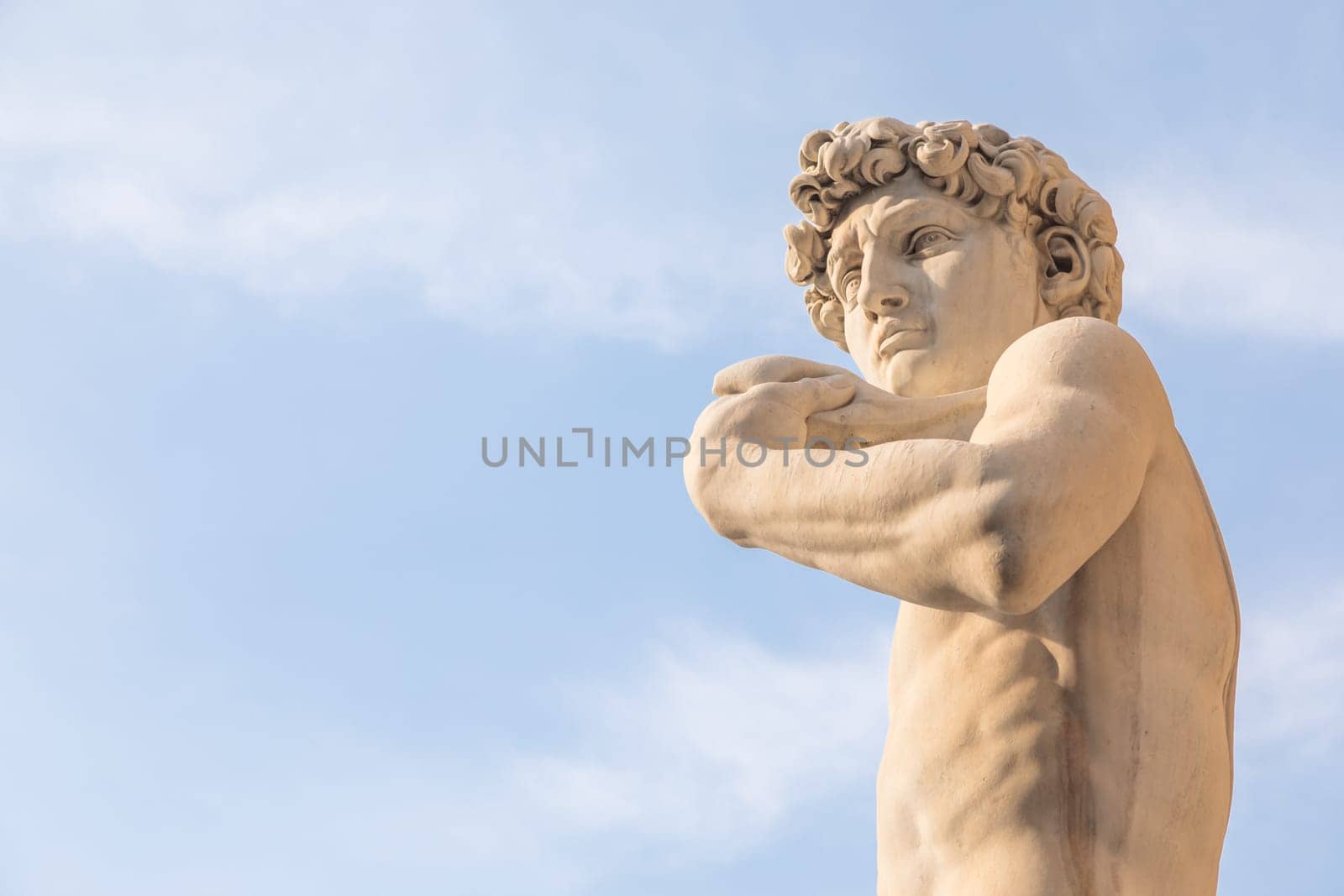 Italy, Florence. David by Michelangelo Buonarroti, antique marble sculpture, perfection man body