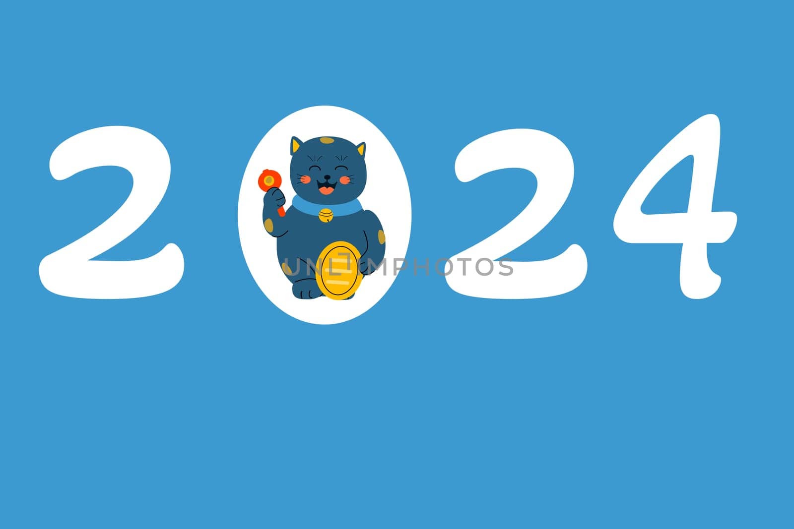 new year 2024 card design with luck sign - maneki neko cat. Vector illustration usable for new year banner.