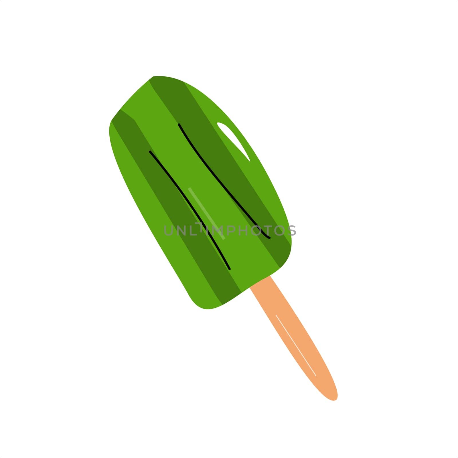 ice cream with matcha powder on stick - trendy healthy food. Vector illustration isolated icon. Can used for stikers, menu background, price labels, cards, posters.