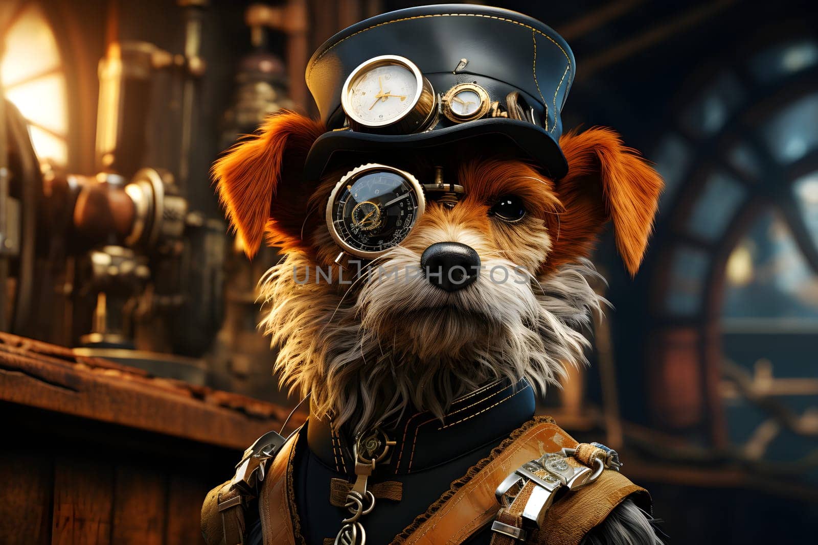 The dog character wears a hat and goggles in steampunk-era costume featuring steam-powered machinery and Victorian architecture. It's an imaginary picture for fun and an inspiration for doing things.