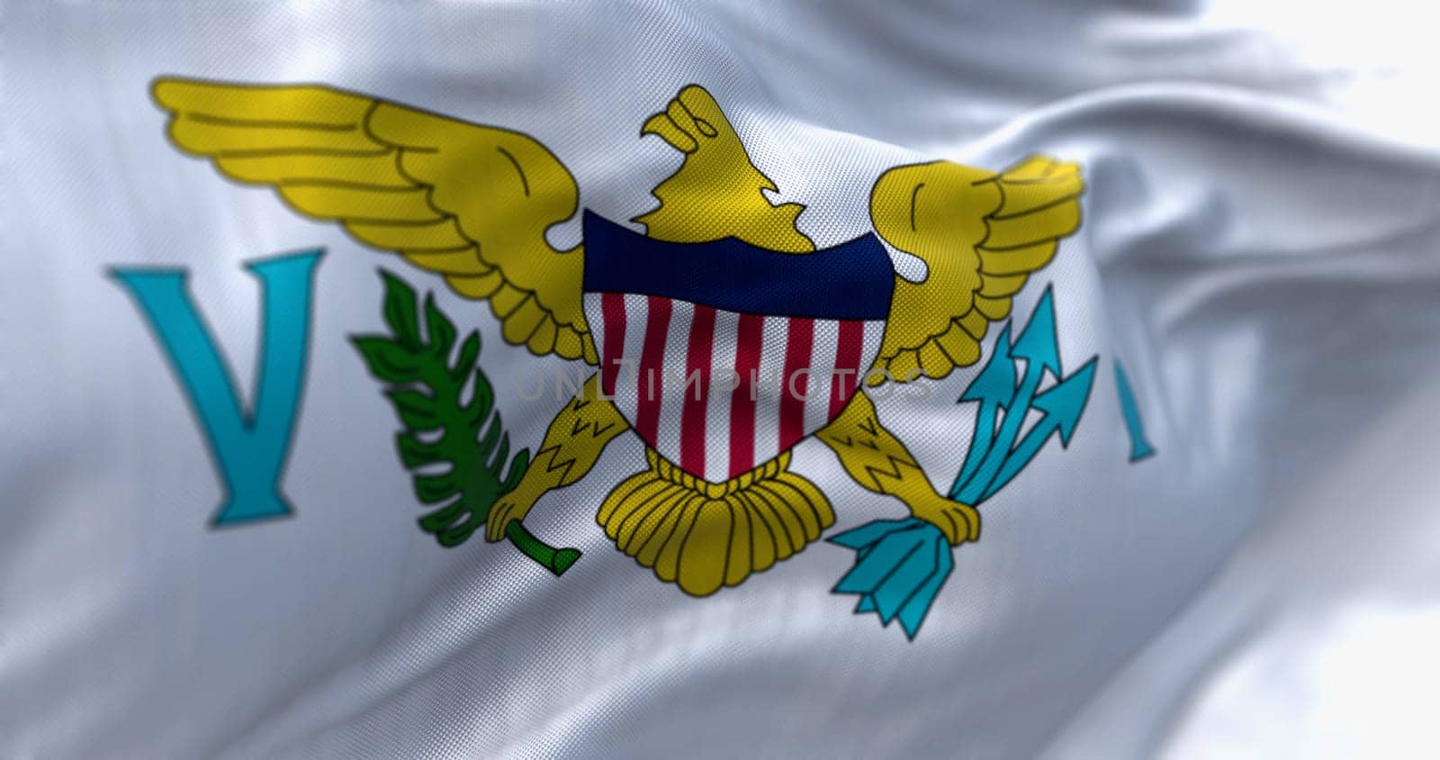 Close-up of United States Virgin Islands flag waving. The Virgin Islands of the US, are an unincorporated and organized territory of the US. 3d illustration render. Textured fabric background