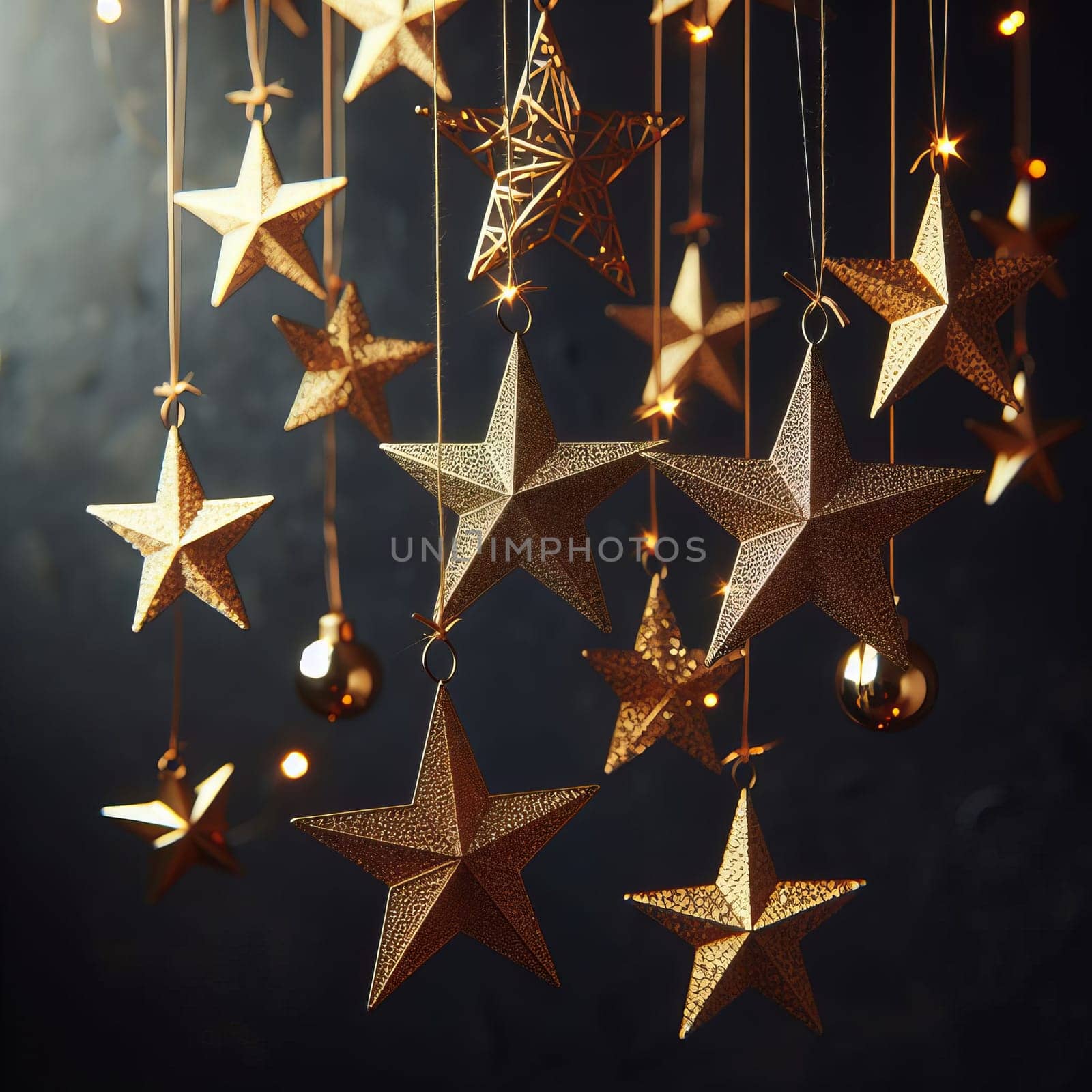 This is a photo of gold star ornaments hanging from strings with a dark background. The stars are different sizes and have a glitter texture. The image is suitable for holiday or festival themes