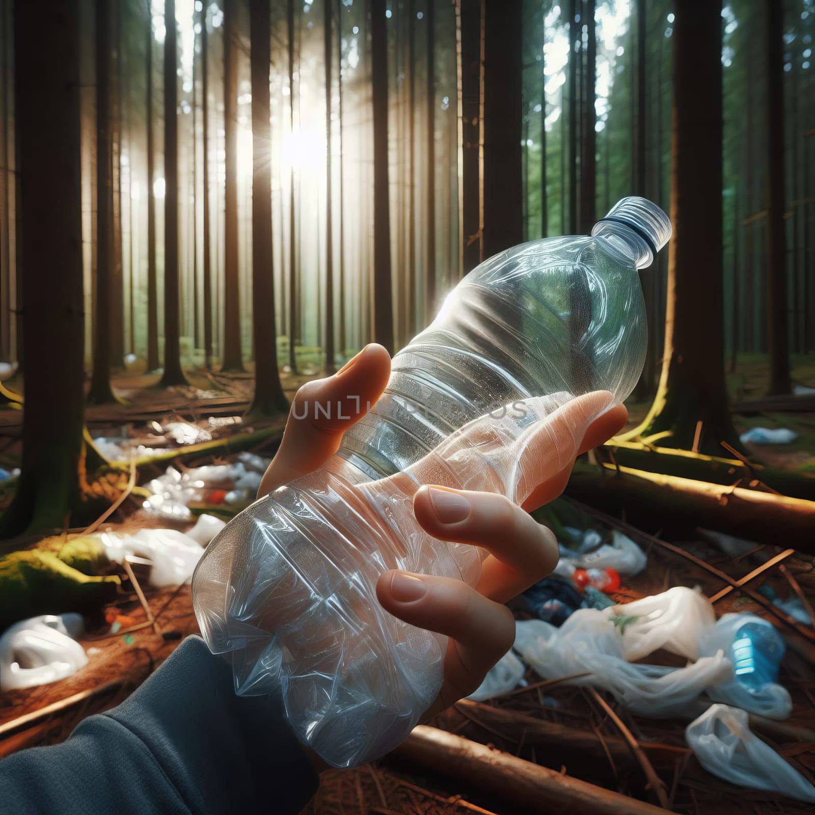 A hand holds a plastic bottle on the background of a forest with scattered garbage. The sun shines through the trees. The problem of forest pollution by people