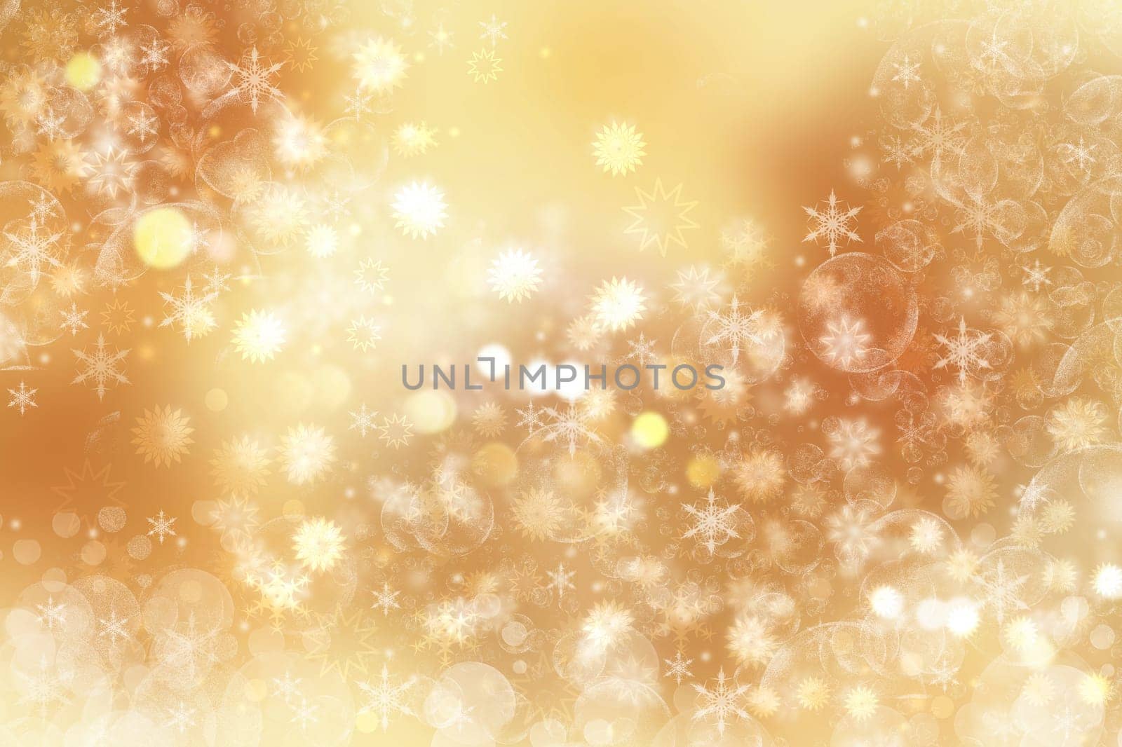 A festive abstract delicate golden gradient yellow orange background texture with glitter defocused sparkle bokeh circles and stars. Card concept for Happy New Year, party invitation, valentine or other holidays.