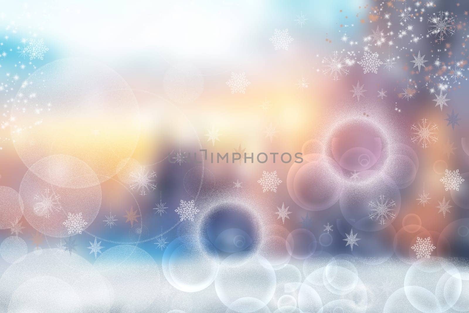 A festive abstract delicate Happy New Year or Christmas background texture with colorful gold yellow turquoise pink blurred bokeh lights and stars. Space for design. Card concept or advertising.