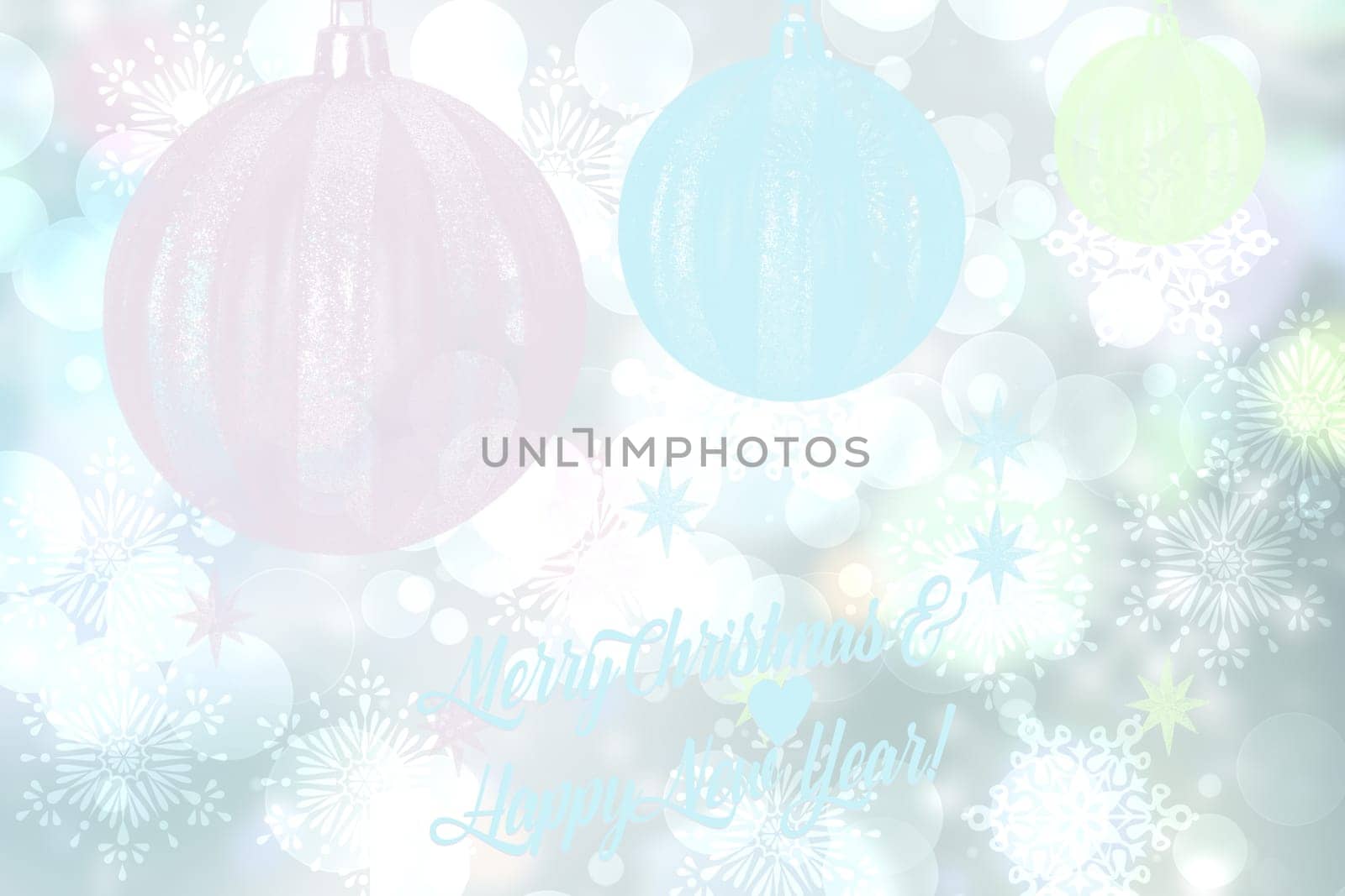 Merry Christmas and Happy New Year card background texture design with abstract bokeh lighted stars and balls. Copy space.