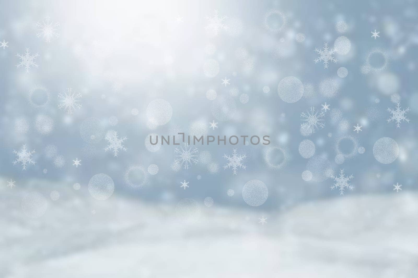 Abstract blurred festive winter christmas or Happy New Year background with shiny blue and white bokeh lighted snow landscape with sky and sun. Space.