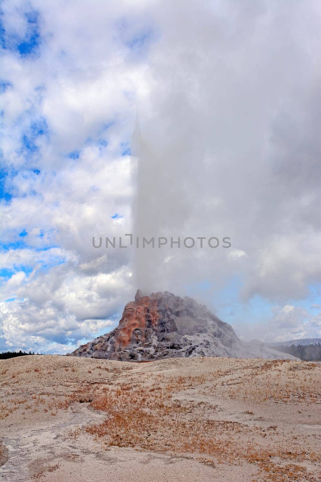 Colorful White Cone Geyser Erupting in A Mixed Sky in Yellowstone National Park in Wyoming