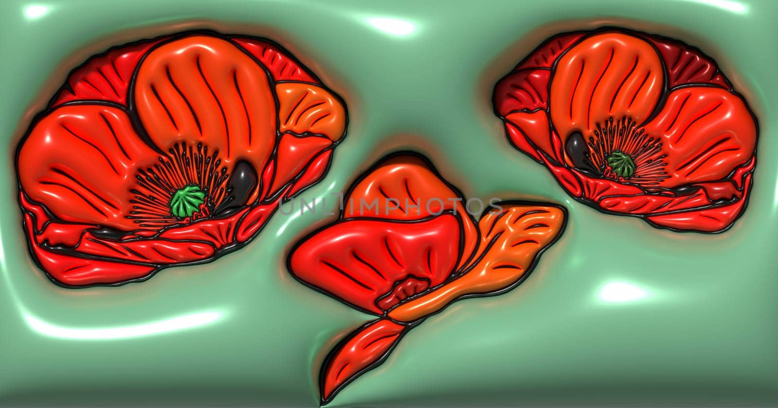 Red blooming poppies on a green background, 3D rendering illustration