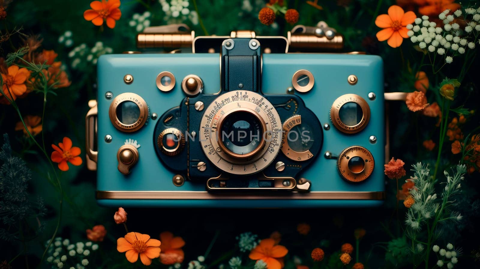 A retro camera with a wild plants and flowers. Nature photography is a very fulfilling and exciting hobby. AI generated