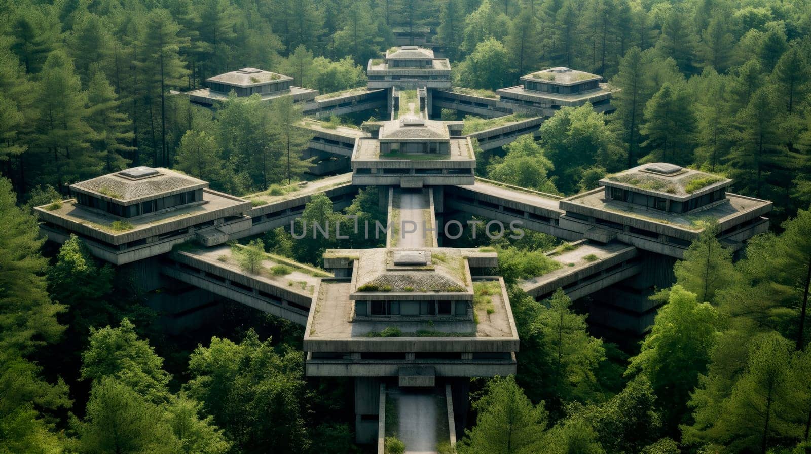 Modernistic buidings with straight corners and edges in the middle of green forest. Brutalist architecture with lots of concrete. AI generated