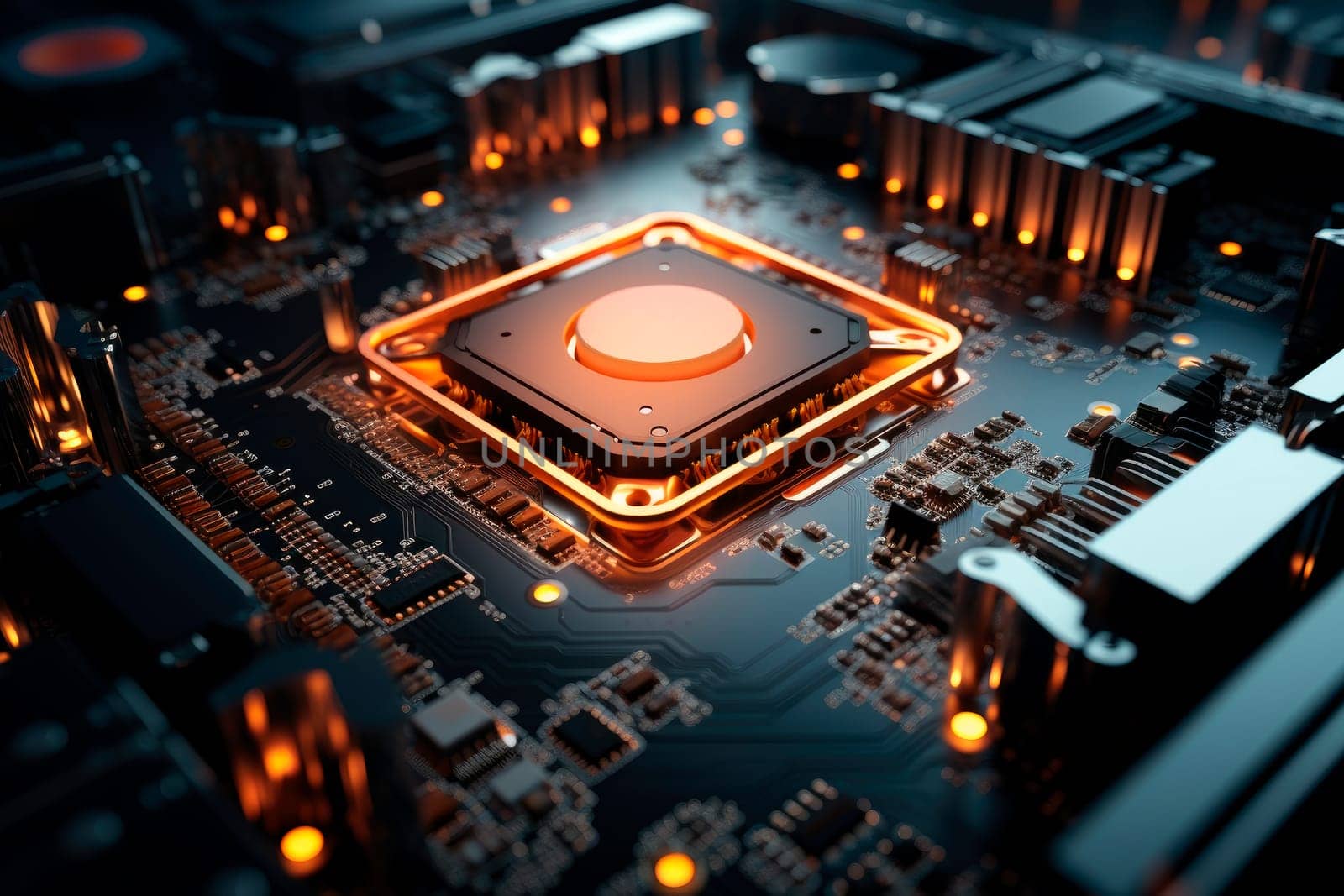 Close-up view of a modern GPU card with circuit and colorful lights. AI generated