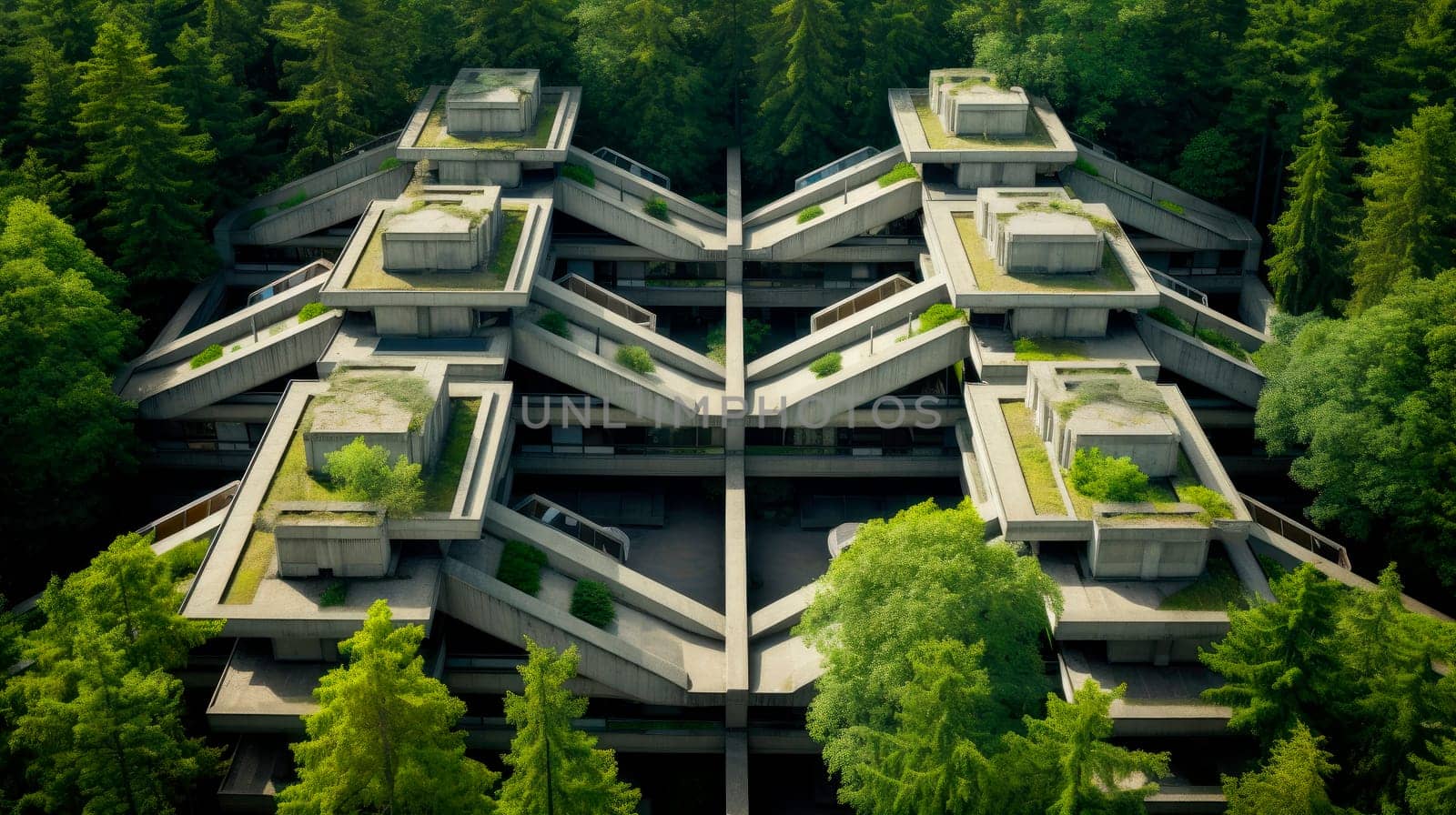 Modernistic buidings with straight corners and edges in the middle of green forest. Brutalist architecture with lots of concrete. AI generated