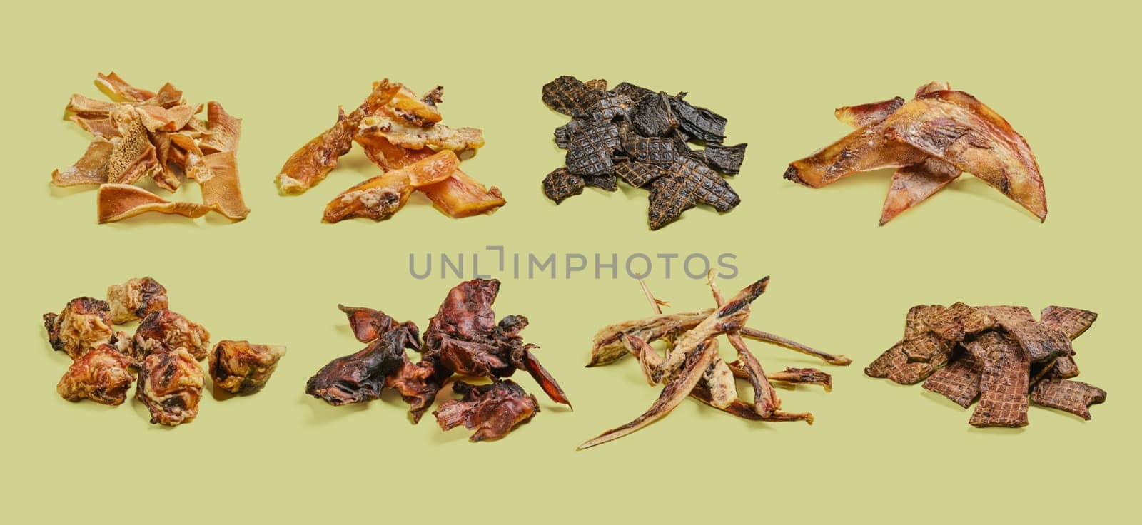Different kinds of natural dried treats for rewarding and training dogs