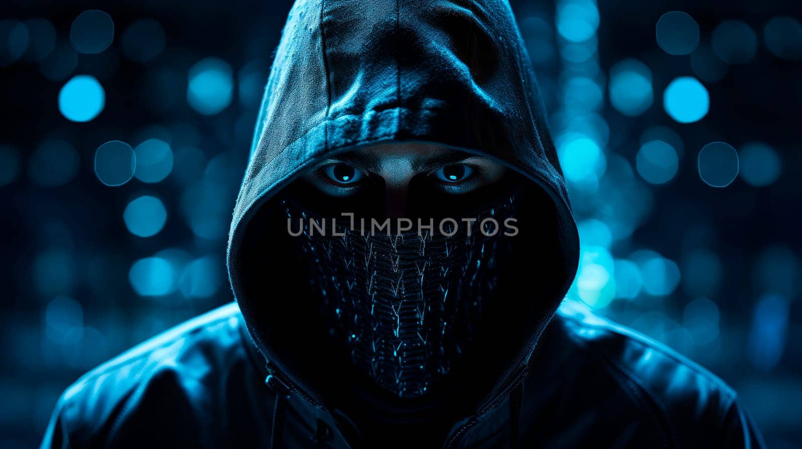 Abstract image of unrecognizable masked hacker cyber criminal. Concept for security system cyber attack. AI generated