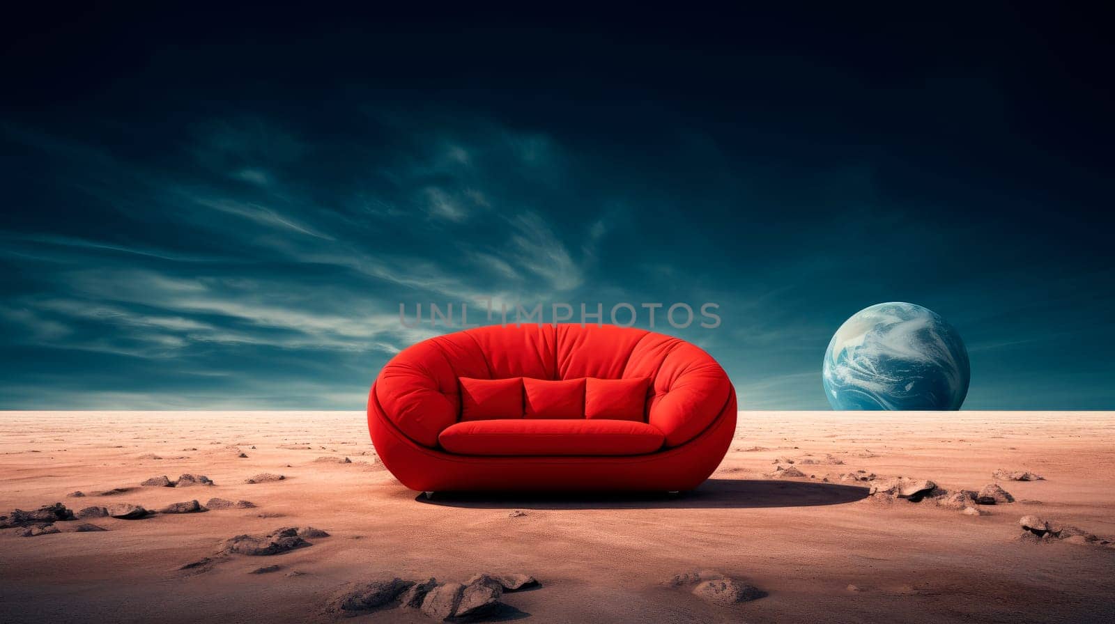 Empty red sofa on the surface of alien planet with a view of space. Concept for space exploration, space travel. AI generated