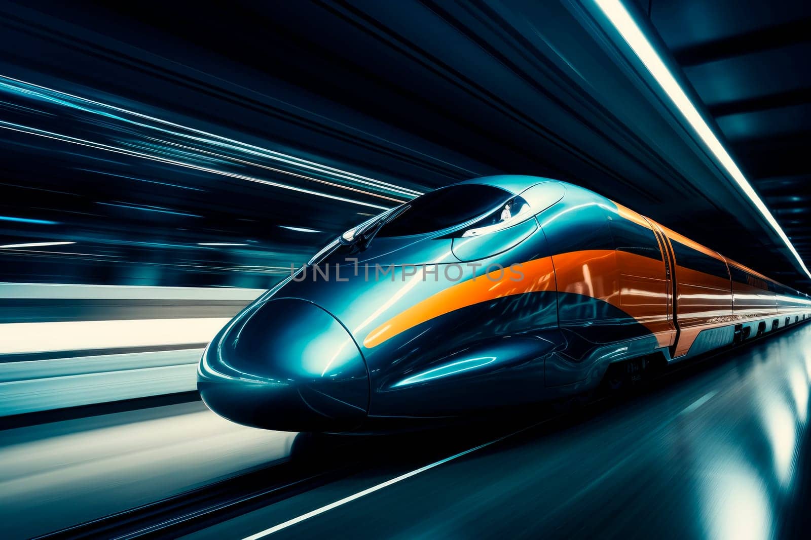 High speed train rides at high speed through a tunnel. Super streamlined train with motion blur moves in tunnel. AI generated