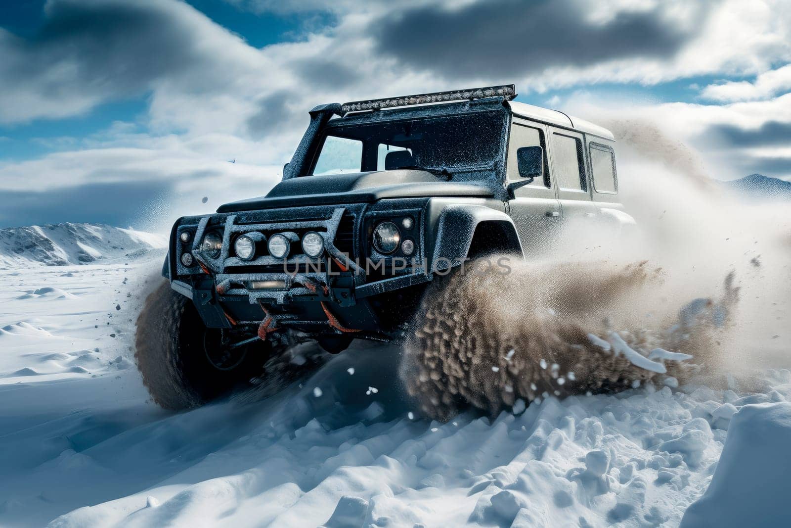 Drifting offroad car 4x4 in a snowdrifts, freeze motion of exploding snow powder into the air. Offroad race in a beautiful wild nature on winter. AI generated