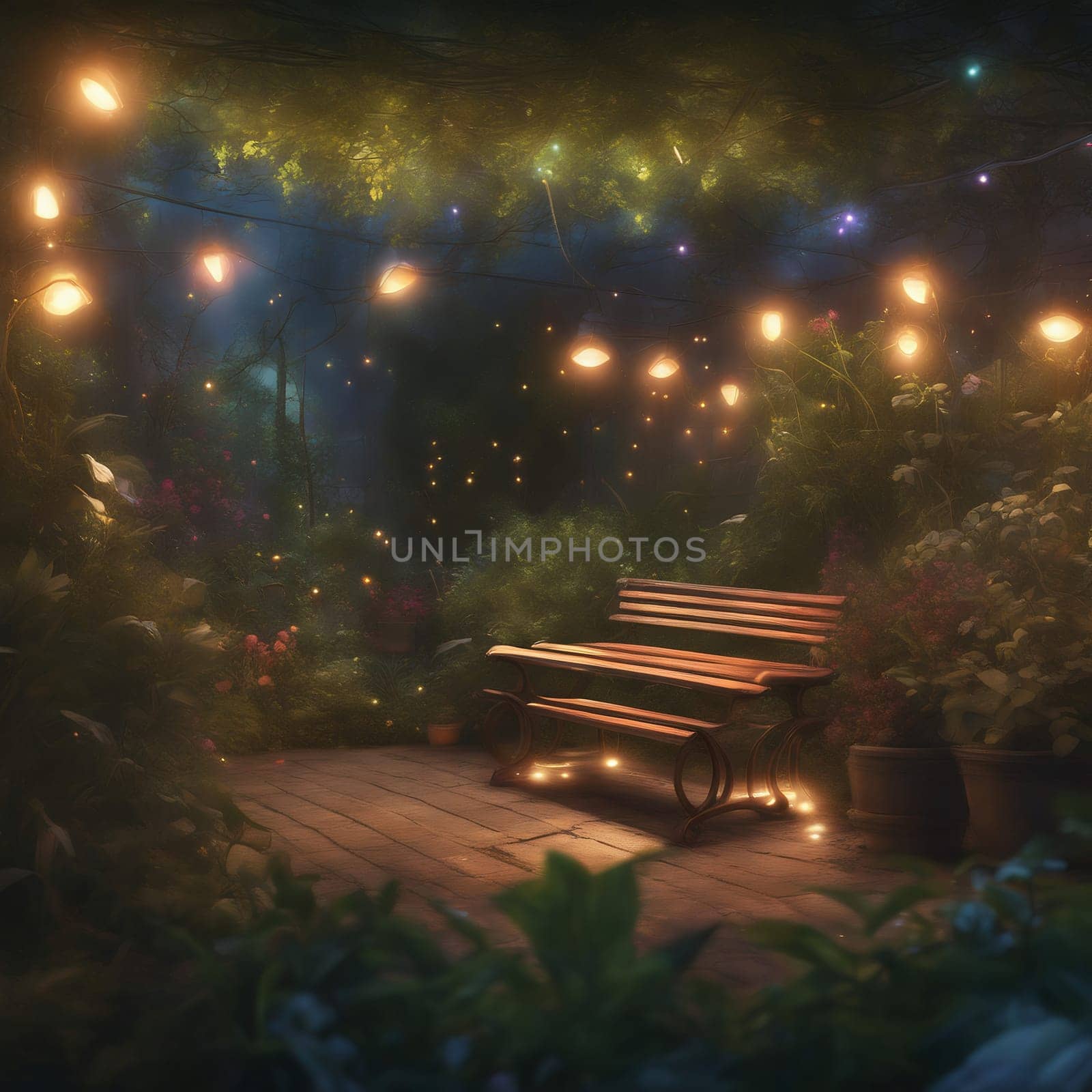 Bench in a garden with fairy lights in the evening. Hedges and bushes surround the bench. Romantic evening scene. AI generated image