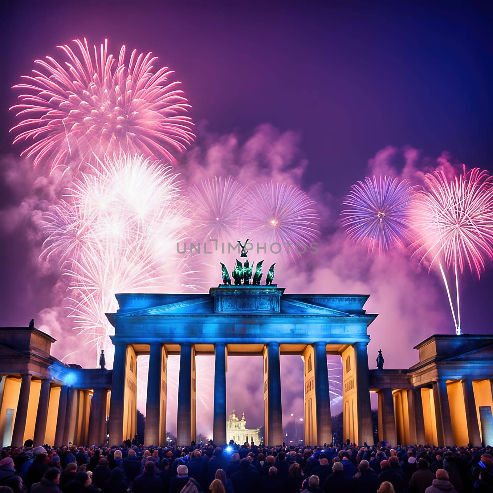 New Year's Eve at the Brandenburg Gate. New Year's fireworks in the sky over Berlin. AI generated image
