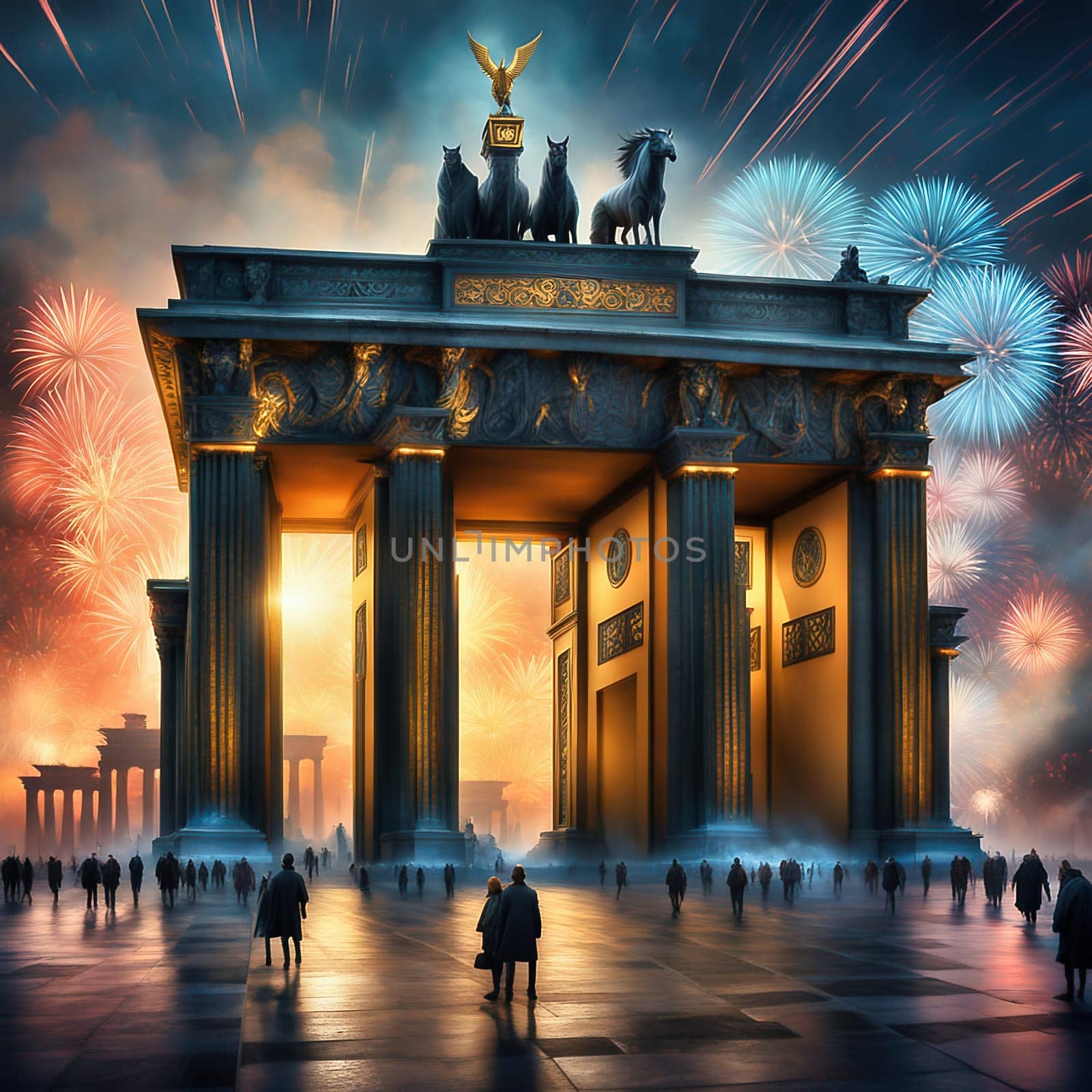 New Year's Eve at the Brandenburg Gate. New Year's fireworks in the sky over Berlin. AI generated image
