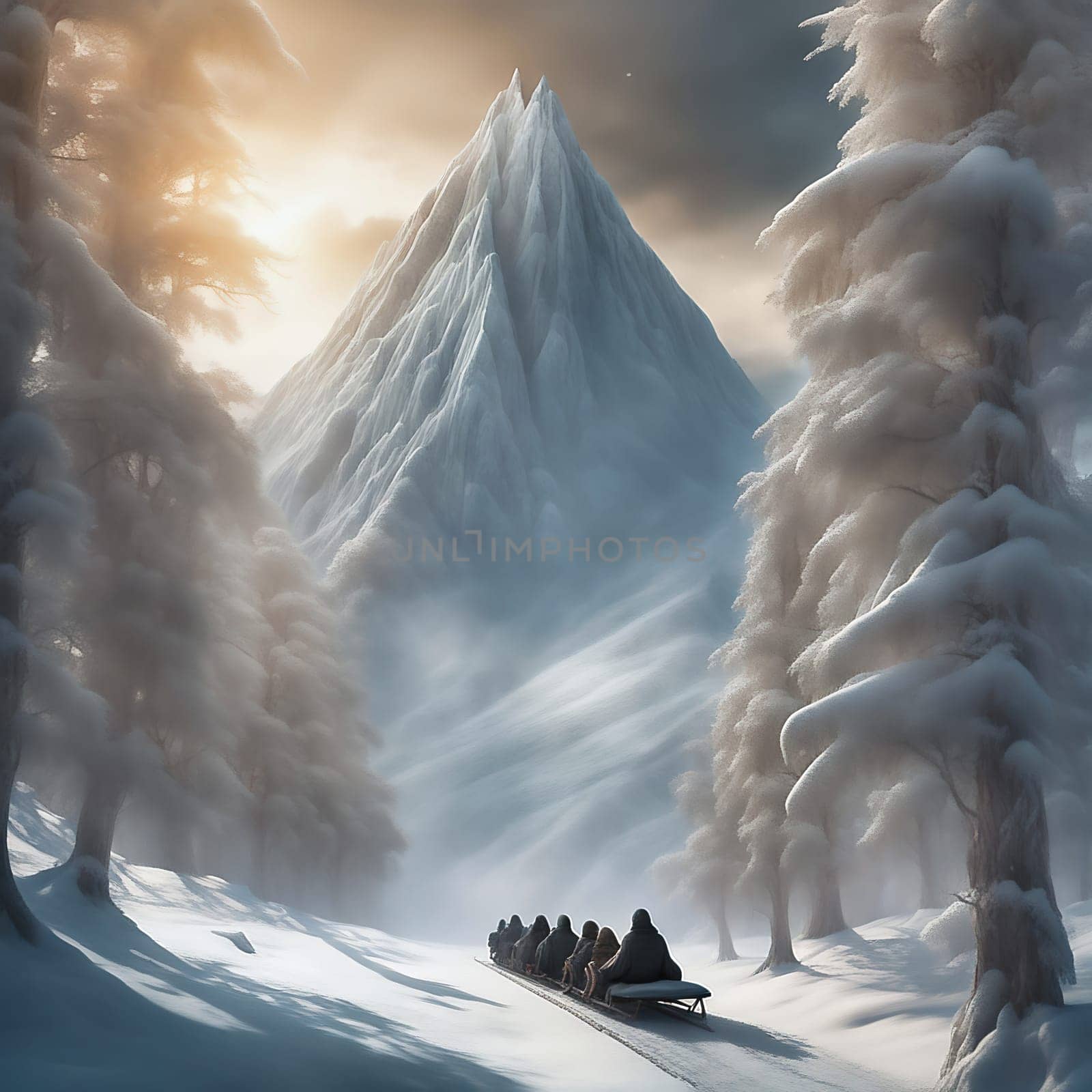 Sledging in the snow. Snow-covered trees, snow-covered mountains. Wooden sledges, skiing, winter vacation. AI generated image. Landscape from the wintry mountains