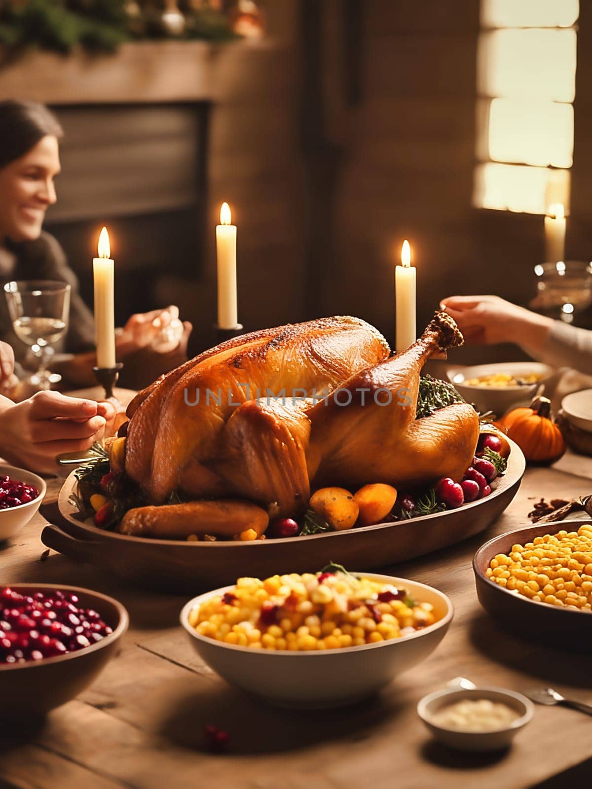 Thanksgiving family feast with people around the table. Turkey with vegetable side dishes on a festive table. Traditional family feast. AI generated image