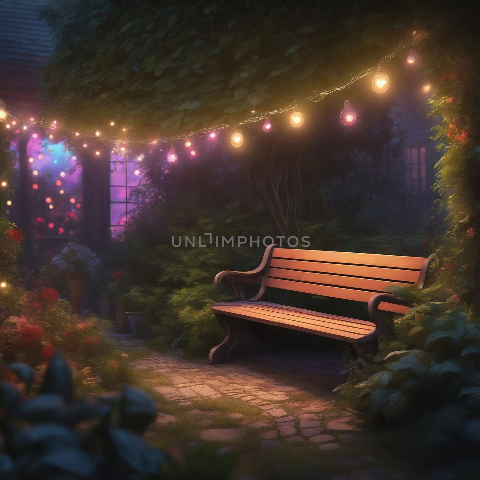 Bench in a garden with fairy lights in the evening. Hedges and bushes surround the bench. Romantic evening scene. AI generated image