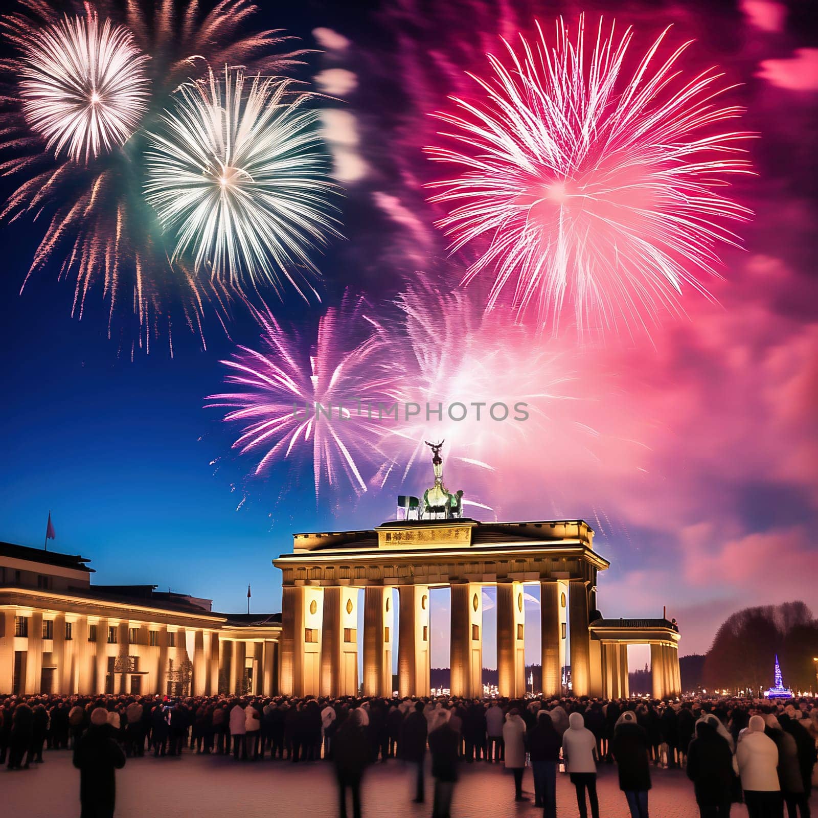 New Year's Eve at the Brandenburg Gate. New Year's fireworks in the sky over Berlin. AI generated image