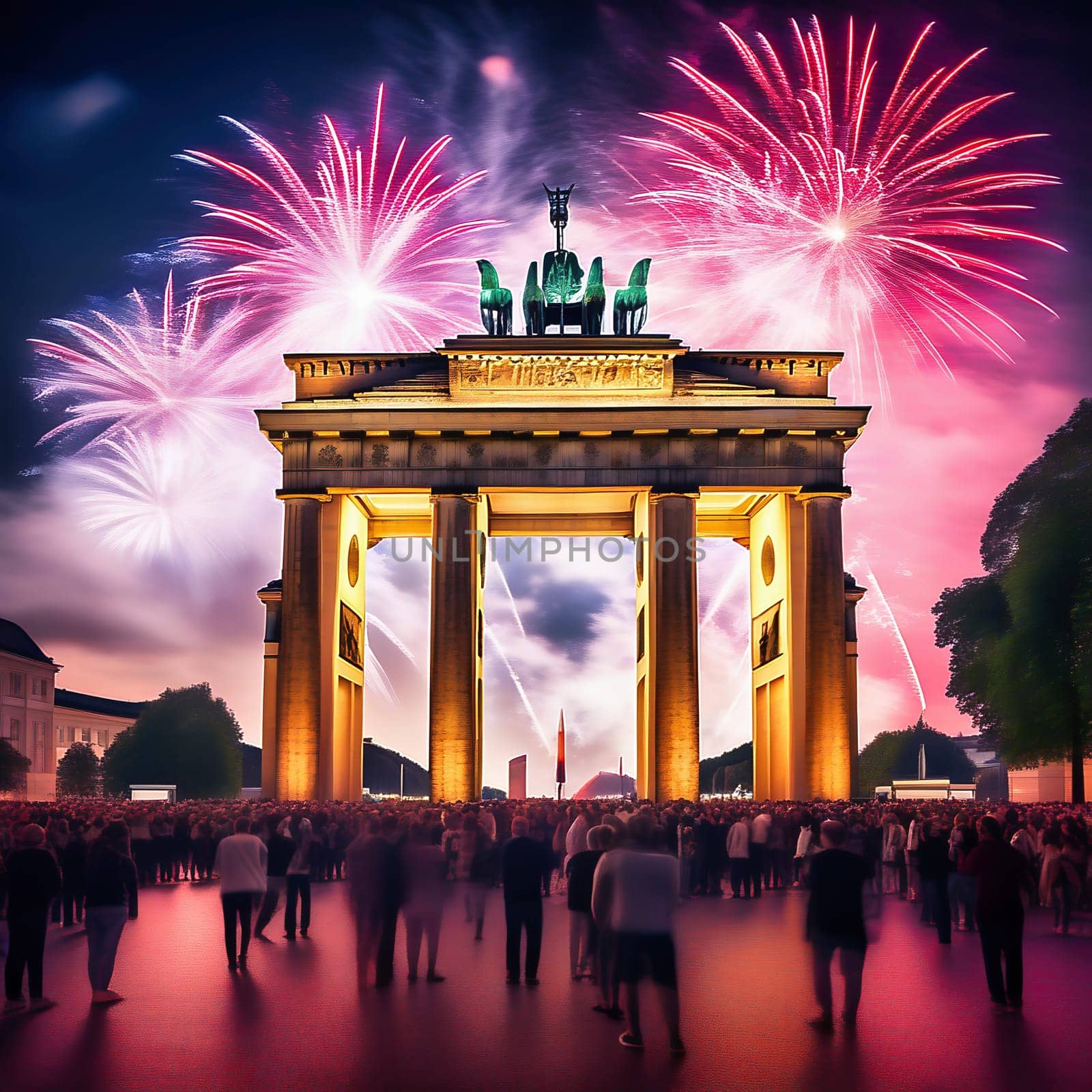 New Year's Eve at the Brandenburg Gate. New Year's fireworks in the sky over Berlin. AI generated image