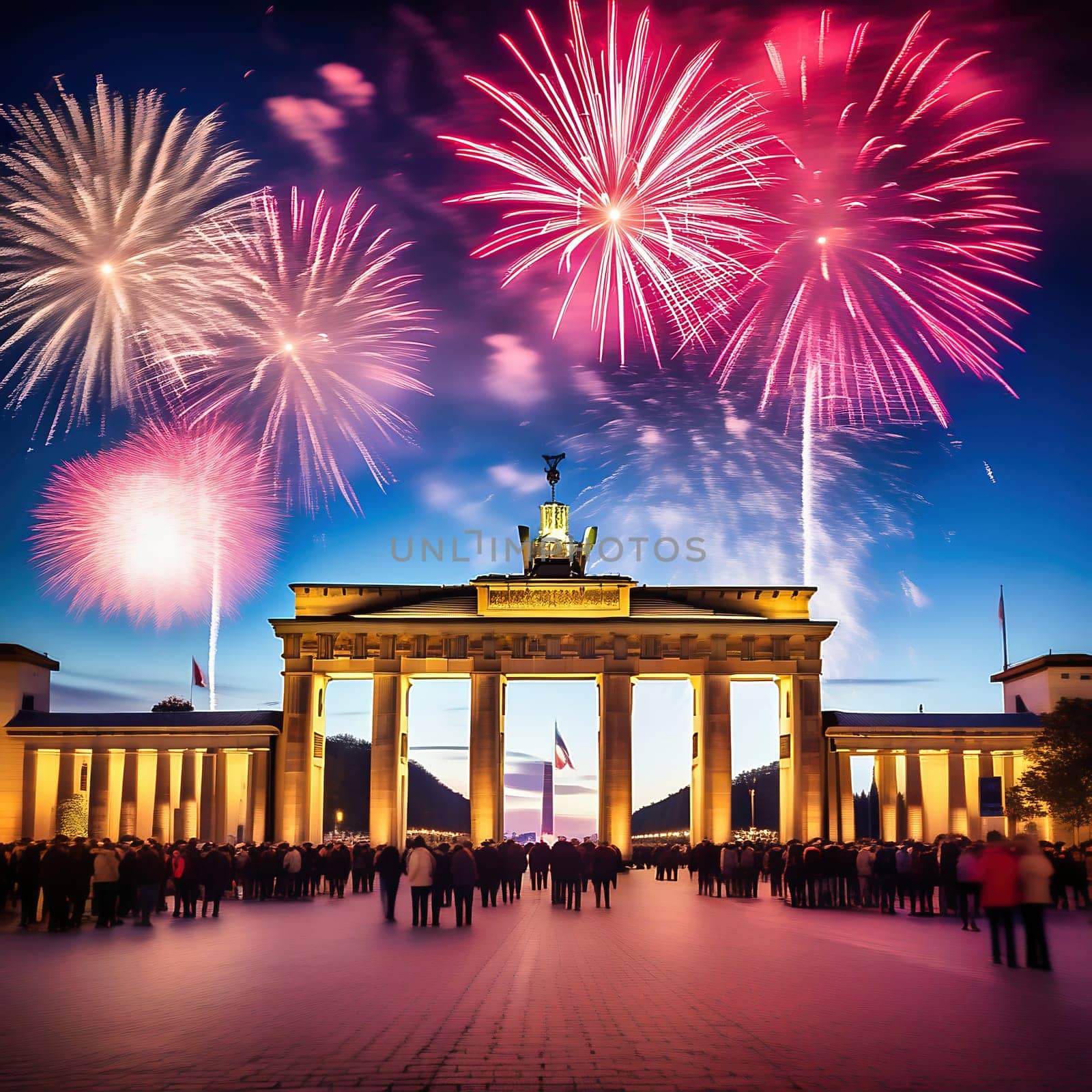New Year's Eve at the Brandenburg Gate. New Year's fireworks in the sky over Berlin. AI generated image