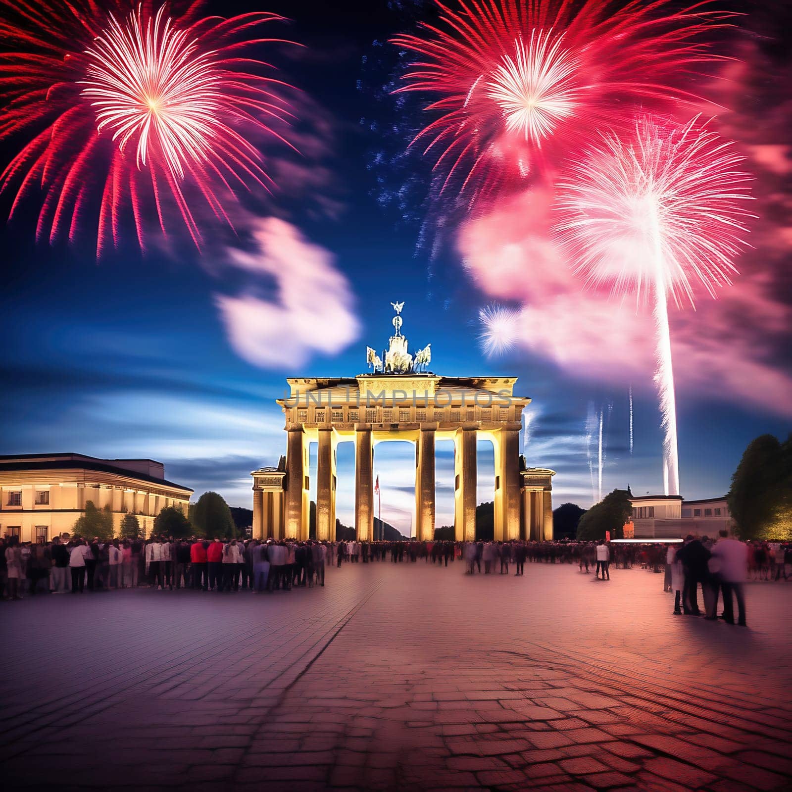 New Year's Eve at the Brandenburg Gate. New Year's fireworks in the sky over Berlin. AI generated image