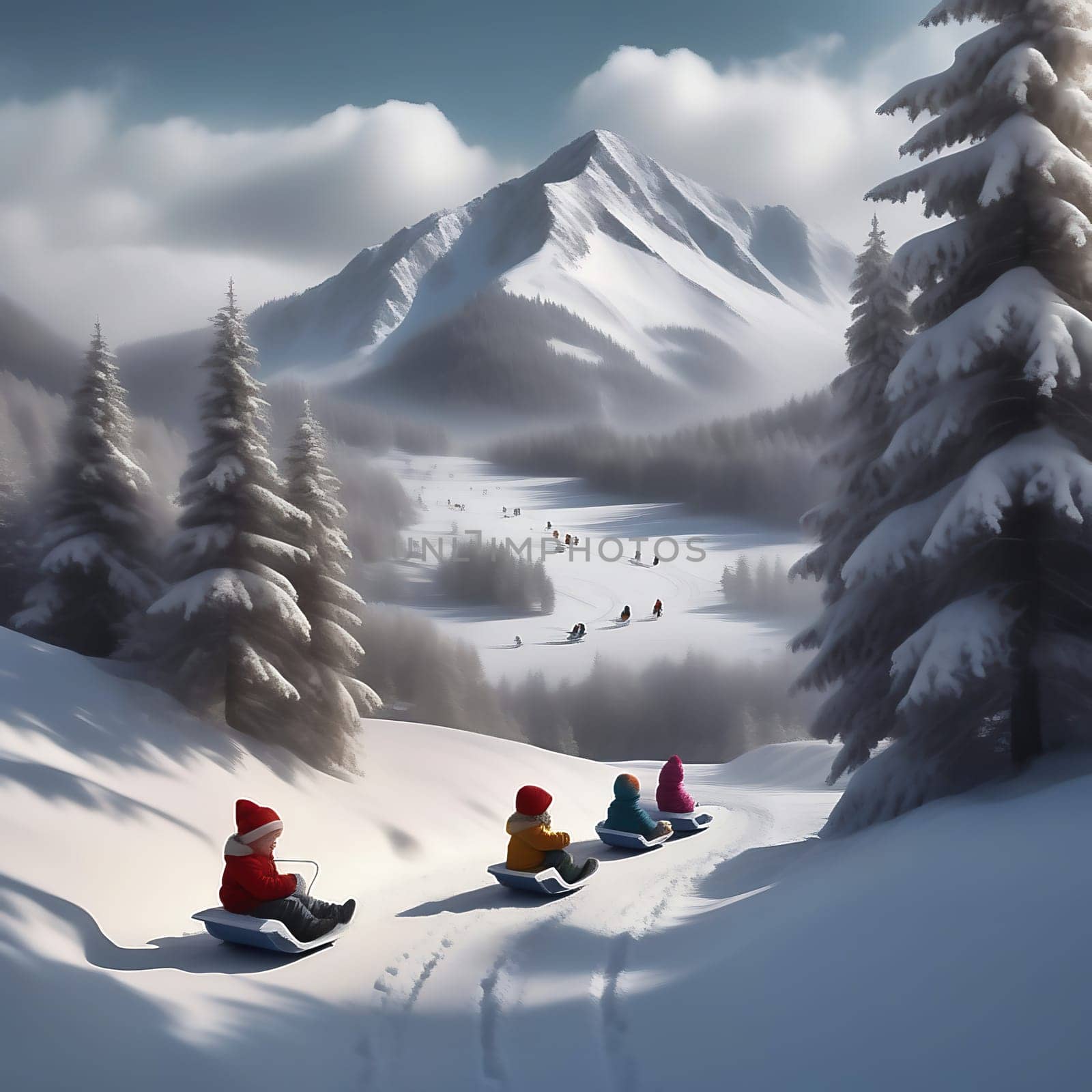 Sledging in the snow. Snow-covered trees, snow-covered mountains. Wooden sledges, skiing, winter vacation. AI generated image. Landscape from the wintry mountains
