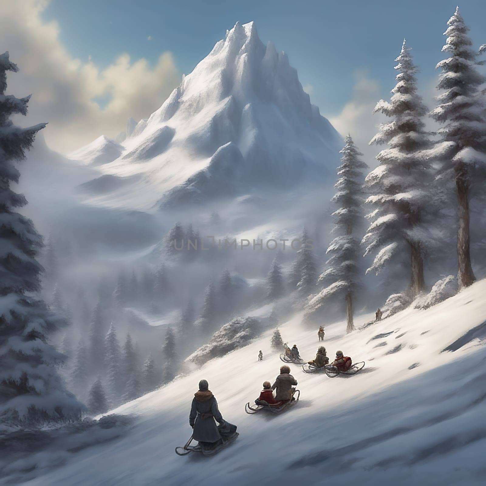 Sledging in the snow. Snow-covered trees, snow-covered mountains. Wooden sledges, skiing, winter vacation. AI generated image. Landscape from the wintry mountains