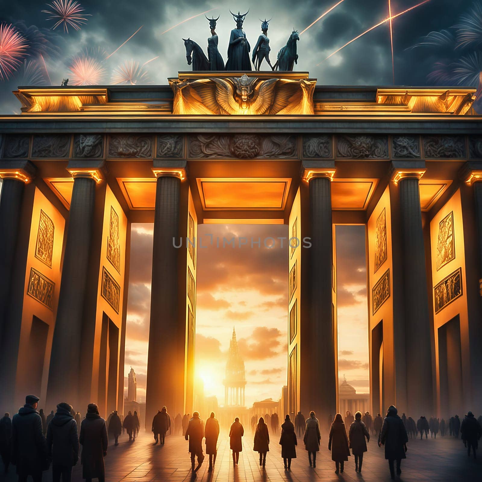 New Year's Eve at the Brandenburg Gate. New Year's fireworks in the sky over Berlin. AI generated image