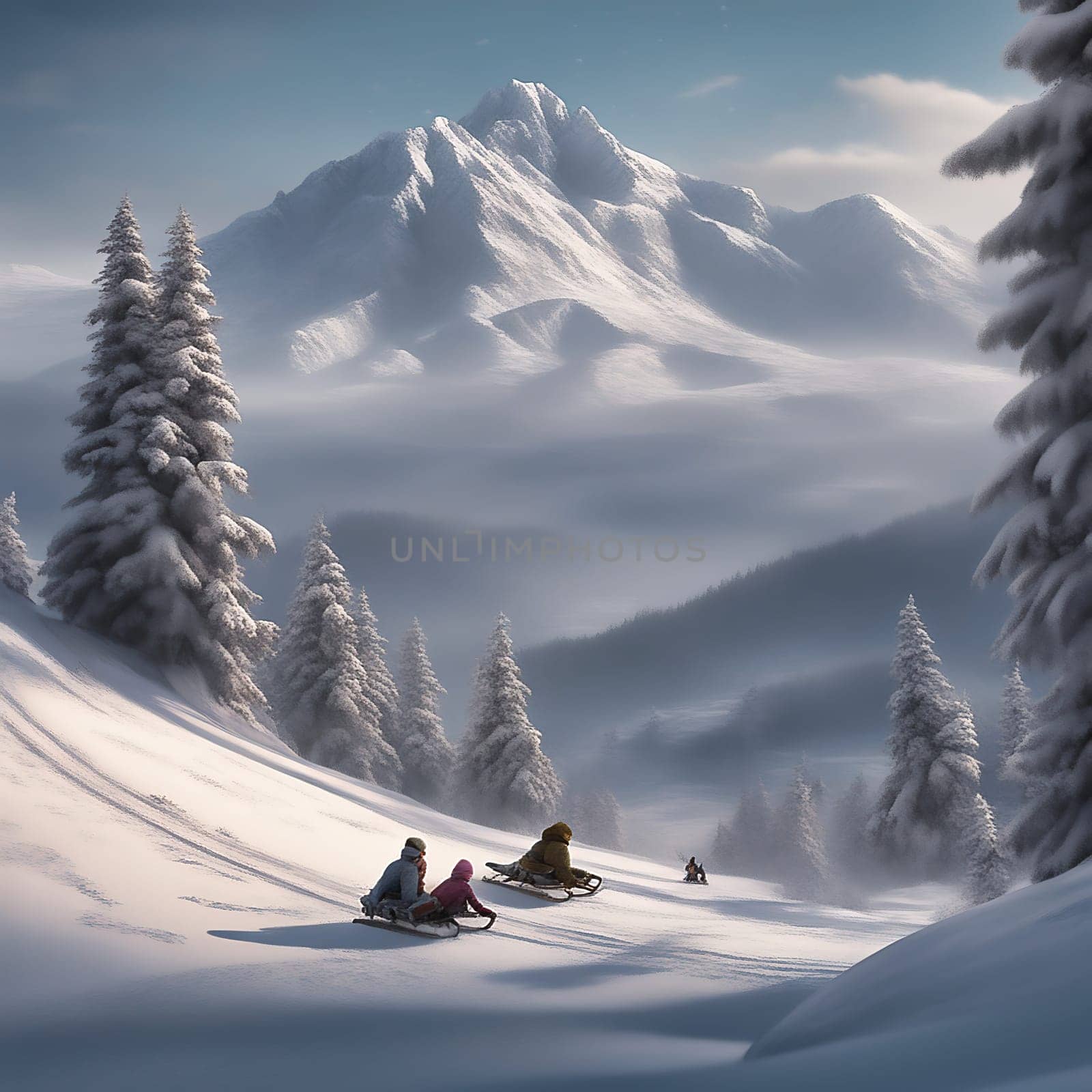 Sledging in the snow. Snow-covered trees, snow-covered mountains. Wooden sledges, skiing, winter vacation. AI generated image. Landscape from the wintry mountains
