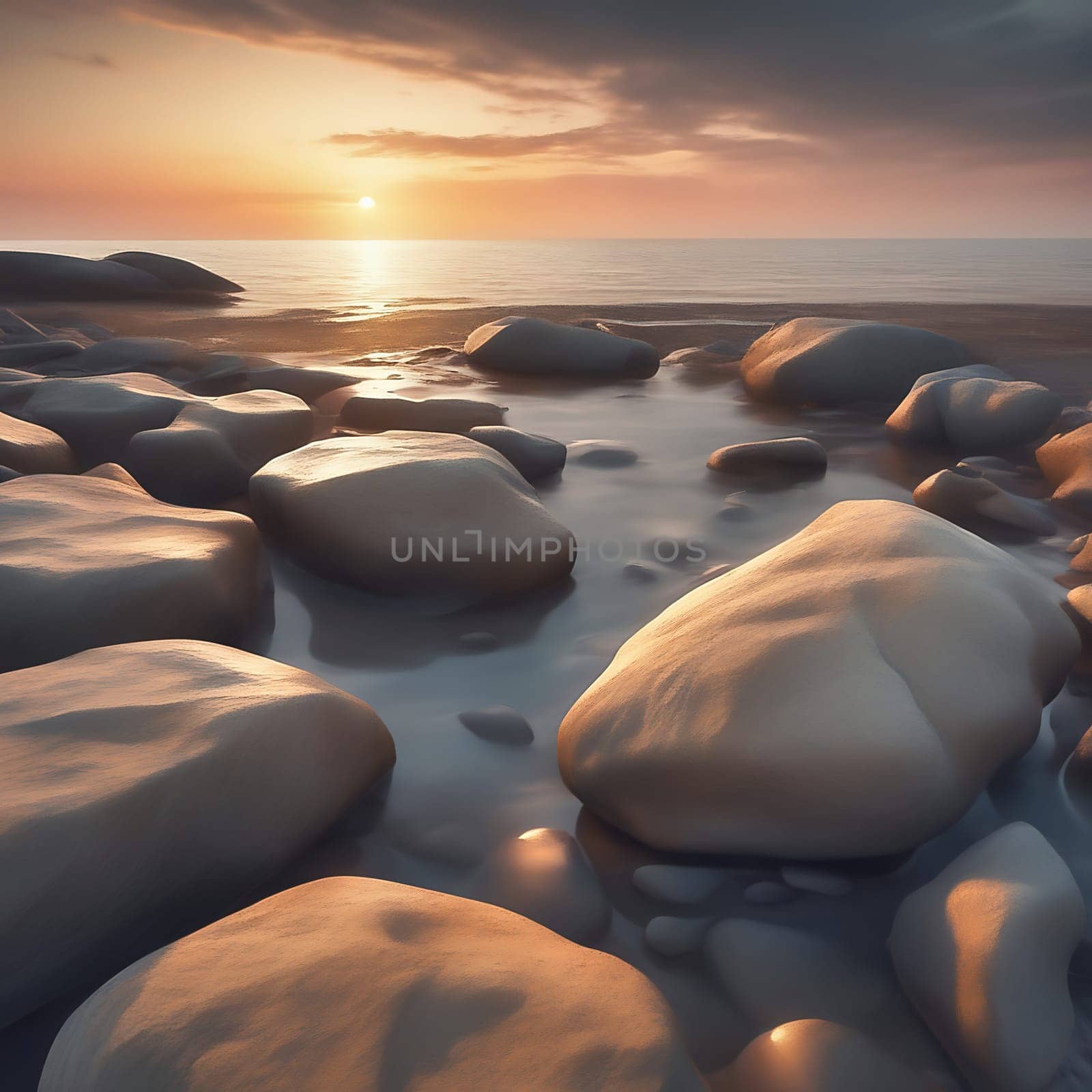 Stone beach by the sea at sunset. Stones in the foreground. Long exposure, smooth ocean. AI generated image