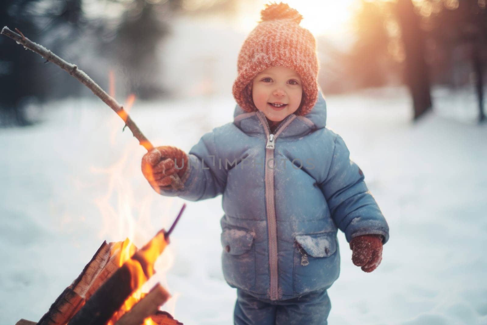Child playing outdoors on winter day. Smiling little child is standing with stick by campfire while winter picnic. Enjoying winter holiday. Kid wearing winter clothes. Snowy winter season. Winter vacations