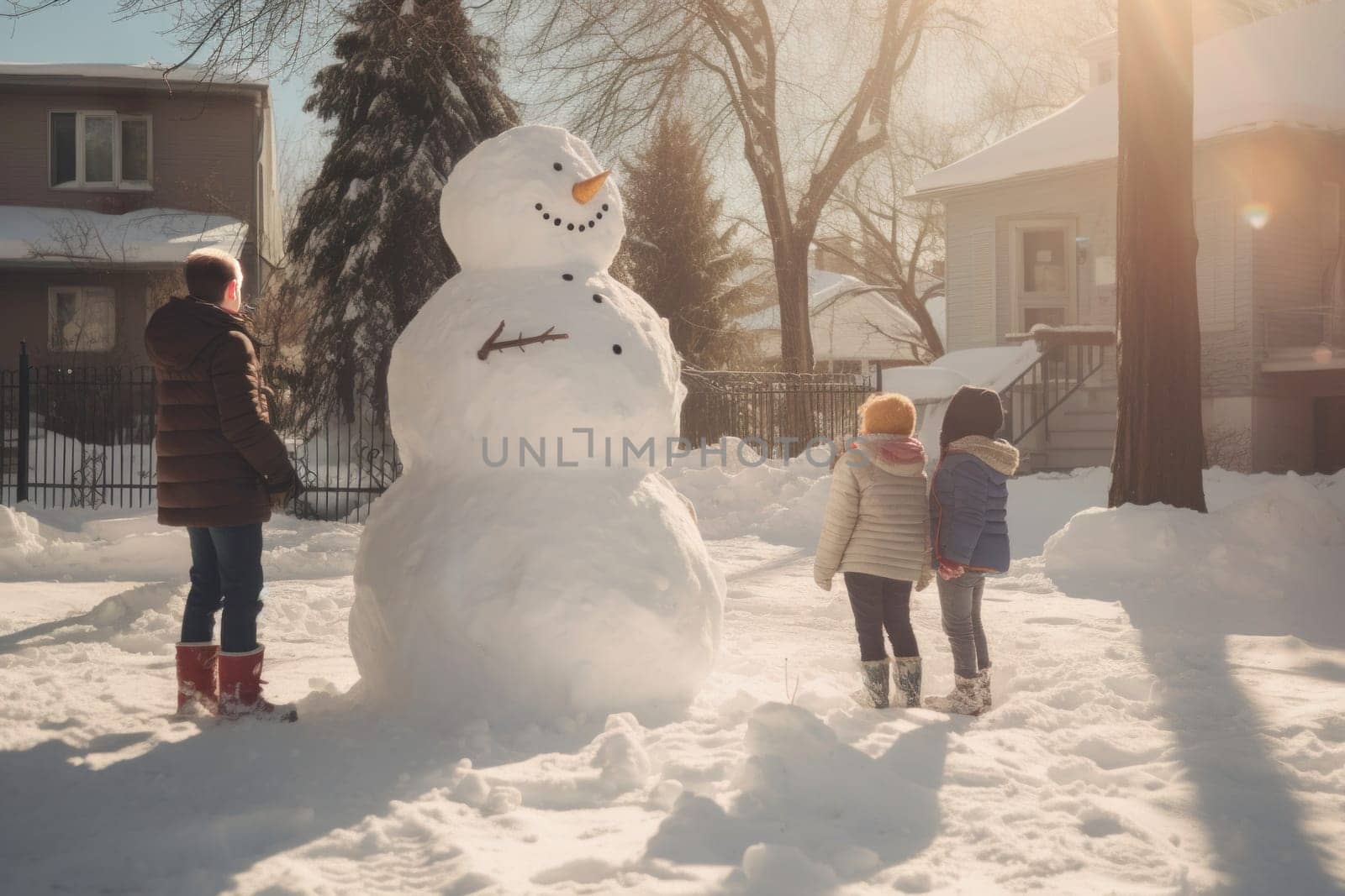 Children are building a snowman near the house, enjoying the snowy winter. It's a happy wintertime scene with a family making a smiling snowman in front of the house on a winter day. Playing with snow