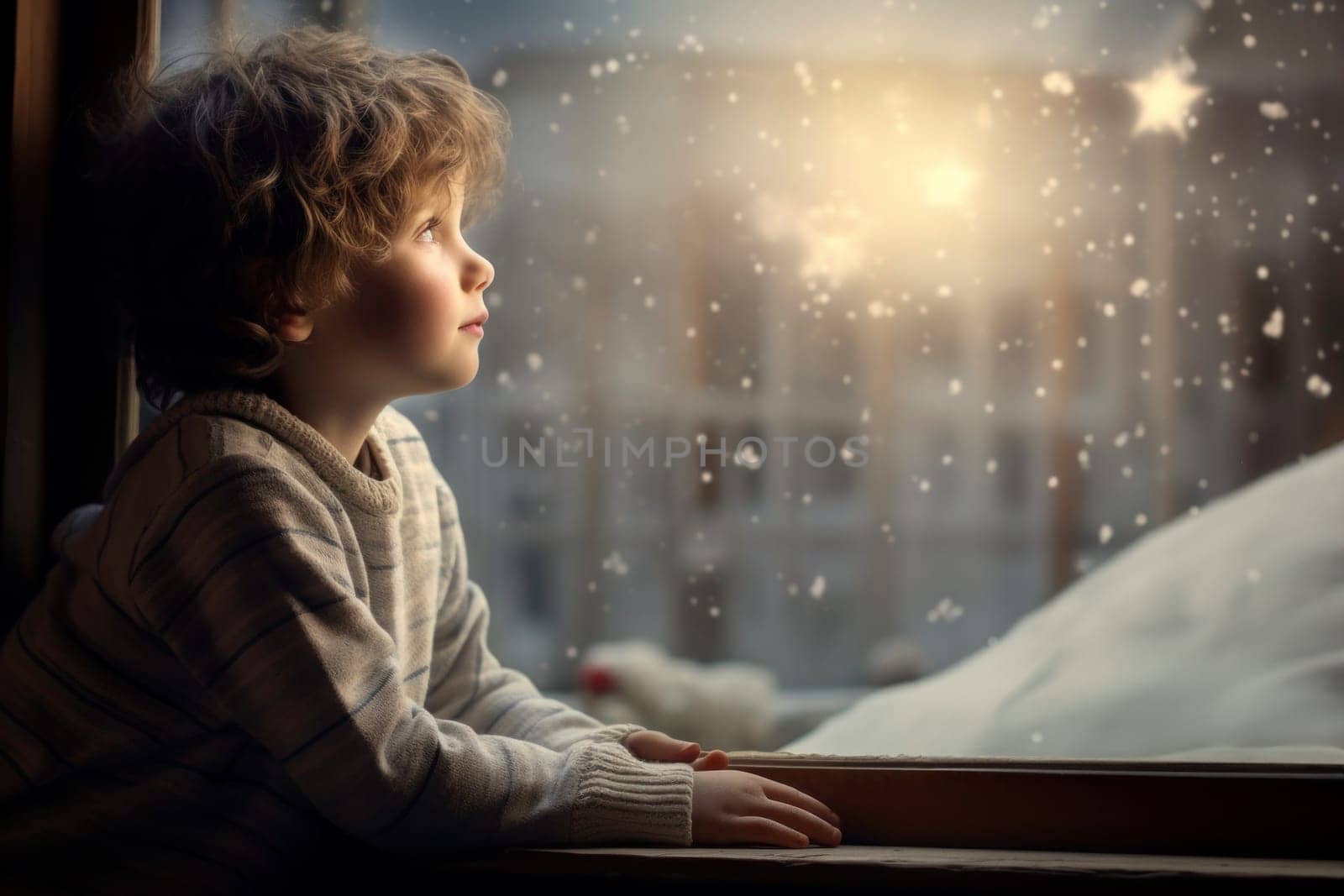 Christmas time. Boy sitting by window waiting for first snow. Child looking at Christmas star on night sky. Christmas Eve. The Star of Bethlehem. Waiting for Santa Claus. Christmas holiday. Silent night. Winter holiday