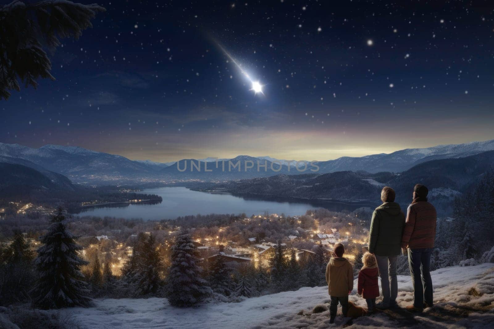 Christmas time. Family looking at Christmas star on night sky. Christmas Eve. The Star of Bethlehem. Waiting for Santa Claus. Christmas holiday. Silent night. Winter holiday