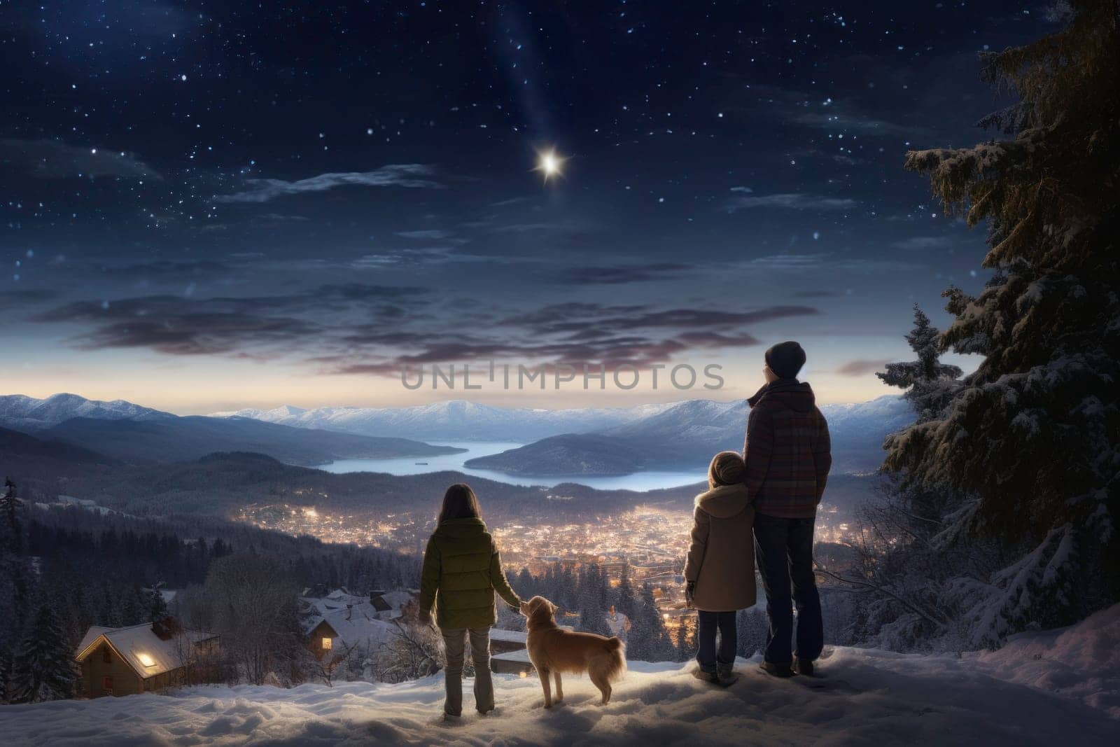 Christmas time. Family looking at Christmas star on night sky. Christmas Eve. The Star of Bethlehem. Waiting for Santa Claus. Christmas holiday. Silent night. Winter holiday