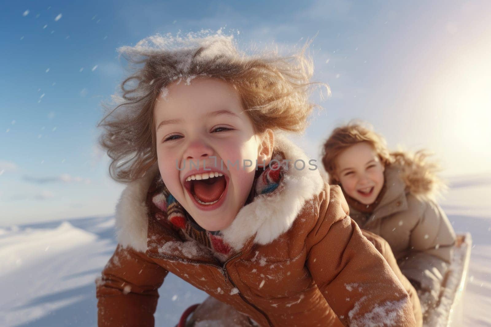 Group of excited children riding sled, play in the snow, laughing and having fun. Children enjoying winter holiday riding sledge. Positive kids enjoying snowy winter. Wintertime. Winter vacation