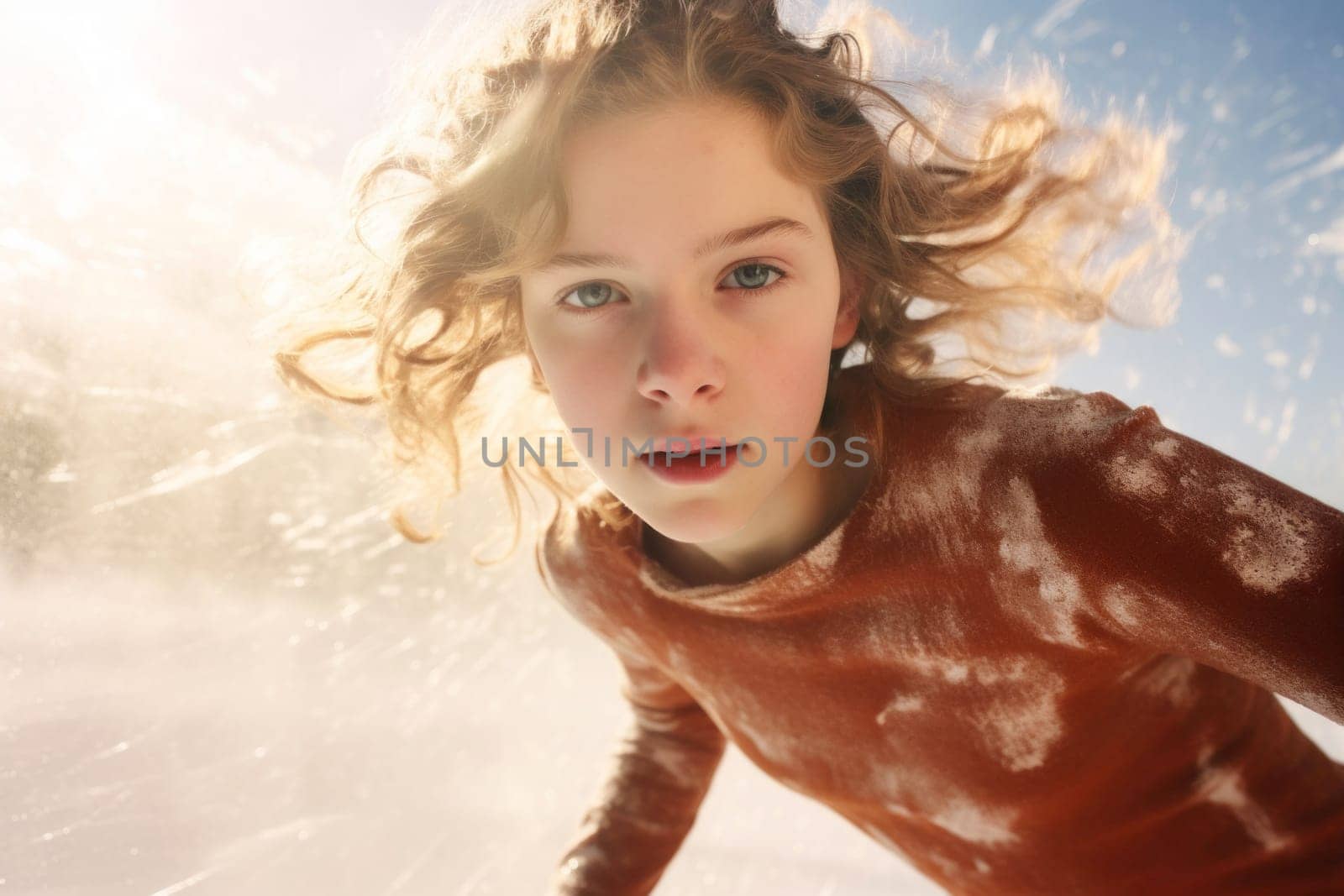 Girl enjoying play in the snow and ice rink and having fun with friends outdoors. Winter holiday. Positive teenagers enjoying snowy winter day. Wintertime
