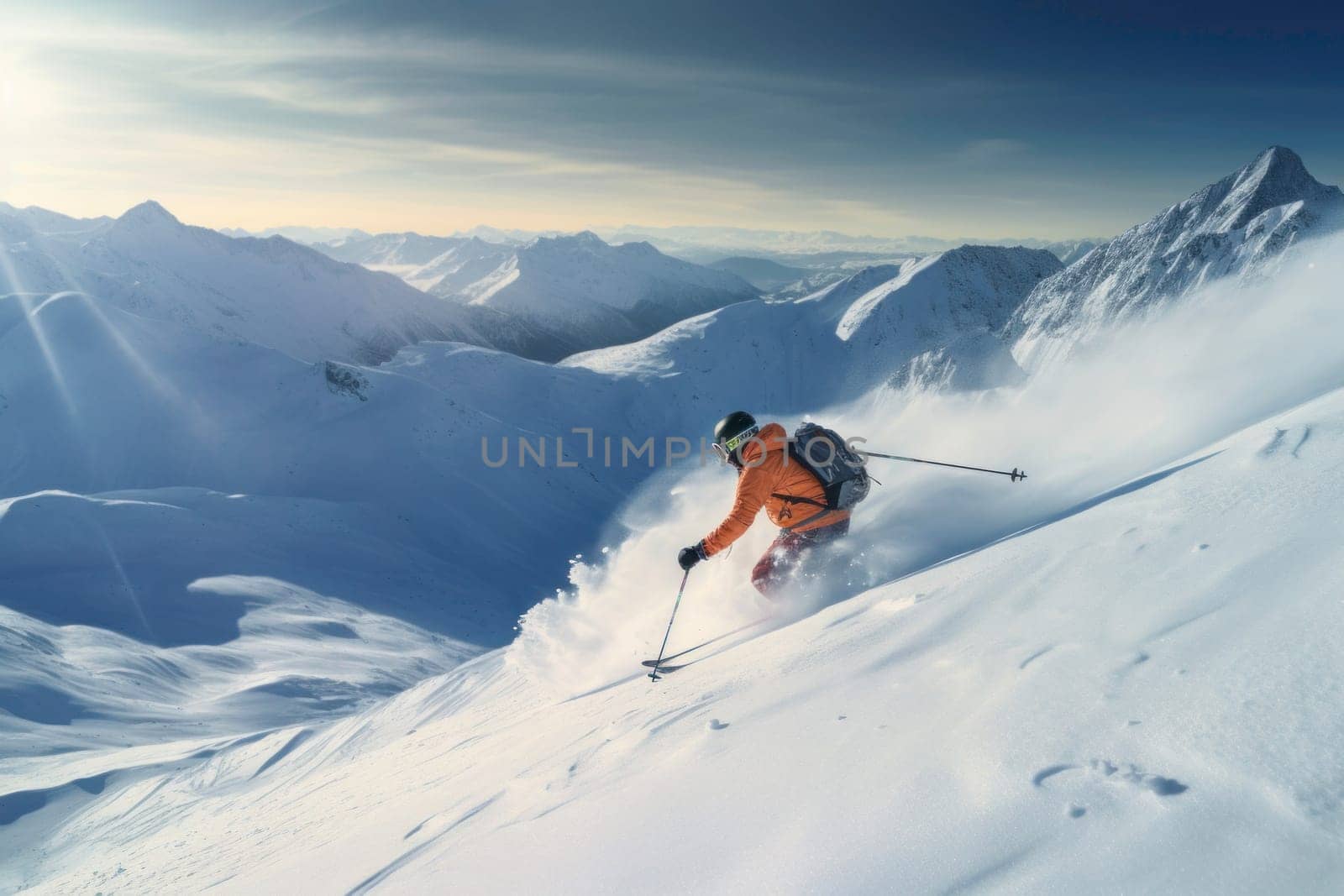 Skier is joyfully riding down the mountains, wearing ski gear, fully immersed in the winter activity. This active winter holiday. Downhill skiing in the fresh snow of the mountains on a sunny day, capturing the essence of winter sports and adventure. Winter sports concept