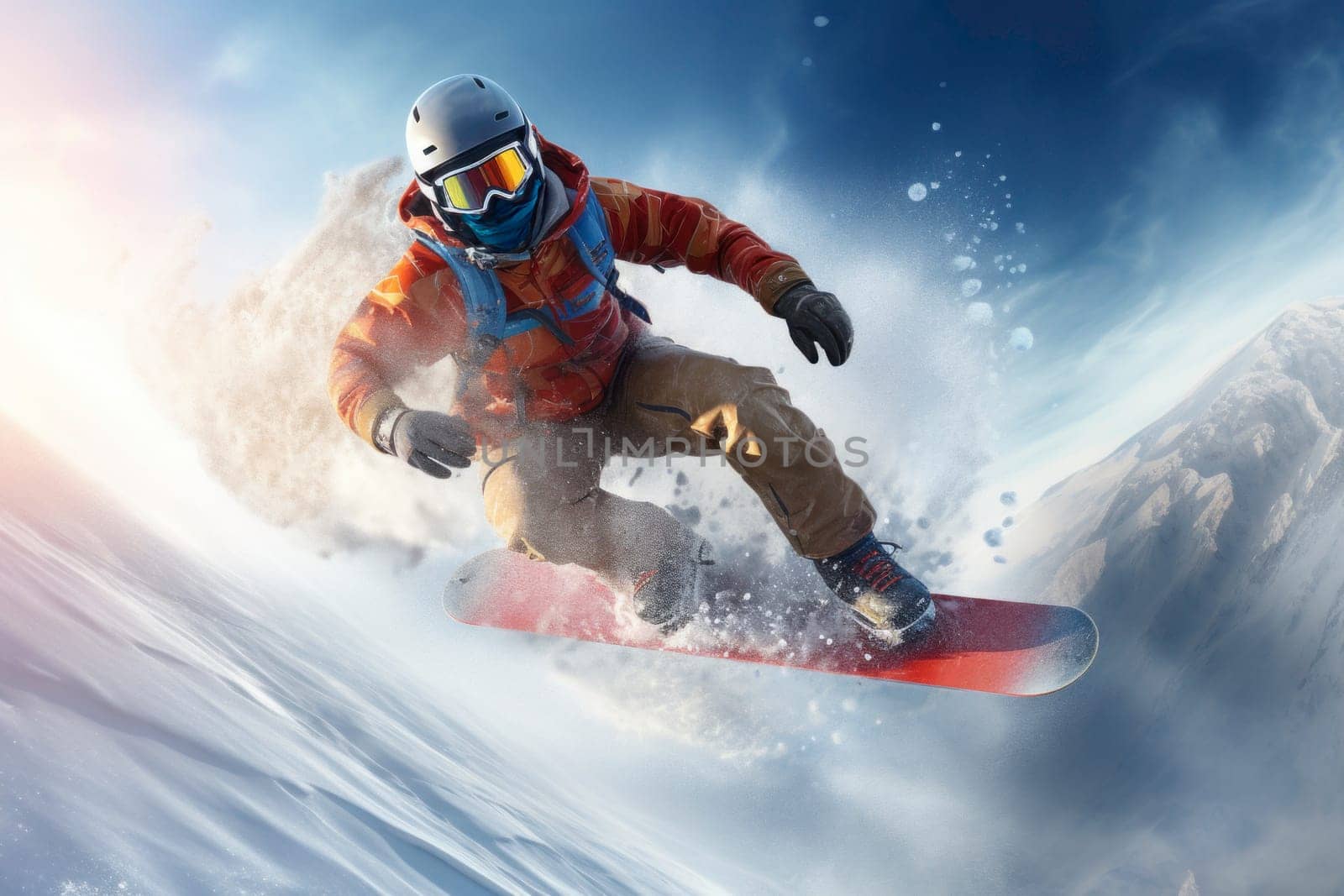 Snowboarder riding on slope on powder snow. Rider wearing snowboarding gear. Snowboarder jumping in fresh snow in mountains. Winter sports concept. Winter activity. Winter vacation on snowboard