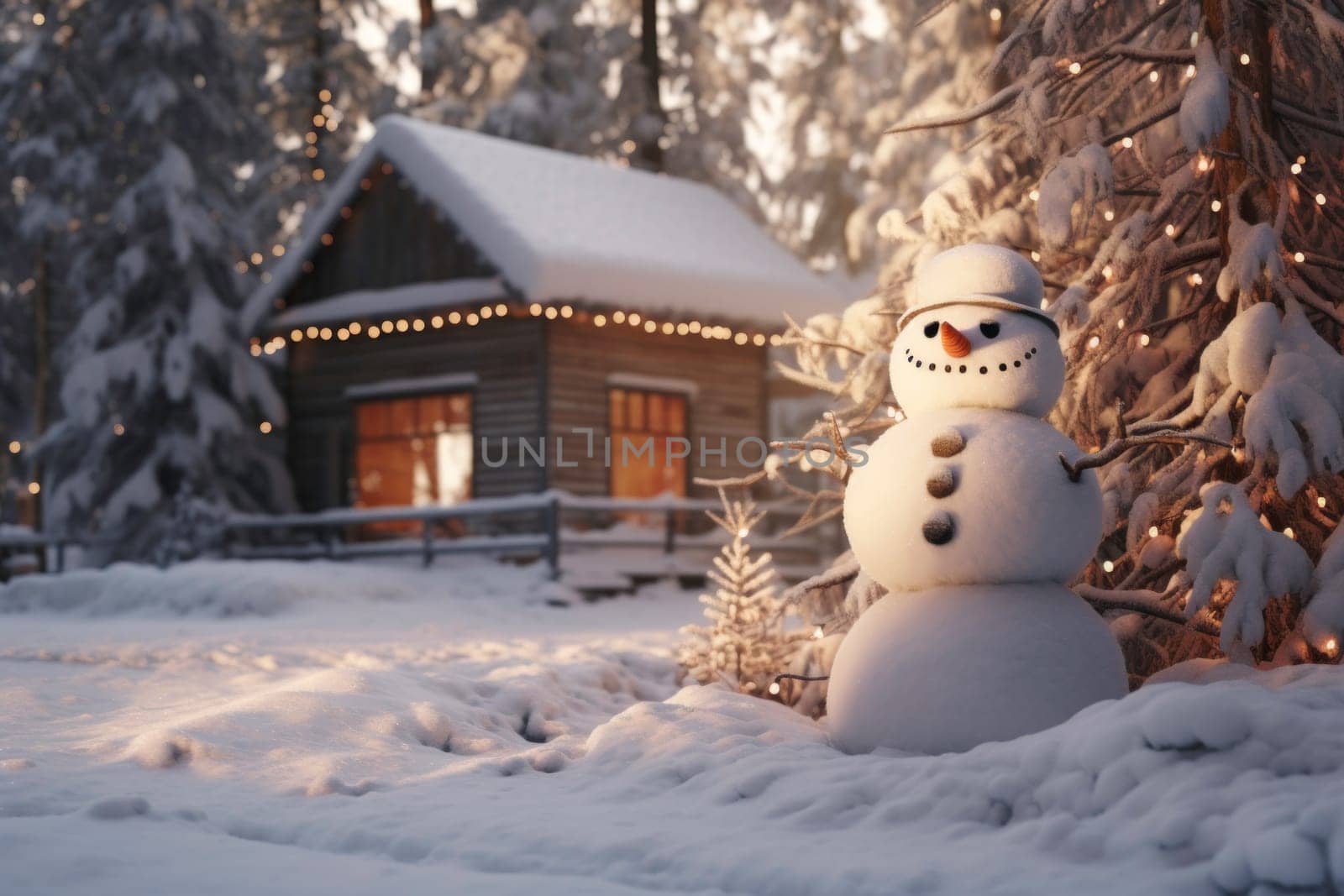 Snowman is standing nearby the house. Enjoying the snowy winter. It's a happy wintertime scene with a big smiling snowman in front of the house on a winter day. Tranquil winter scenery with small house in forest