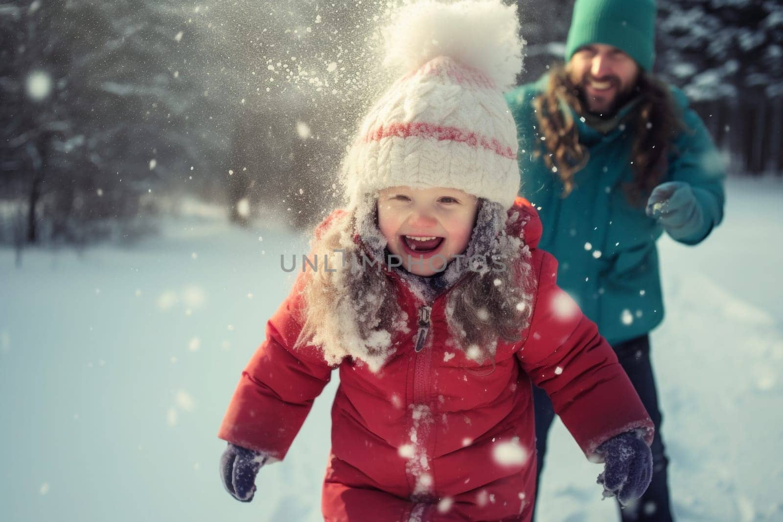 Excited child are joyfully playing with dad in the snow, laughing and having fun. They engage in a friendly snowball fight with friends, creating cherished memories on their winter holiday. Positive and laughing, kids are thoroughly enjoying a snowy winter day